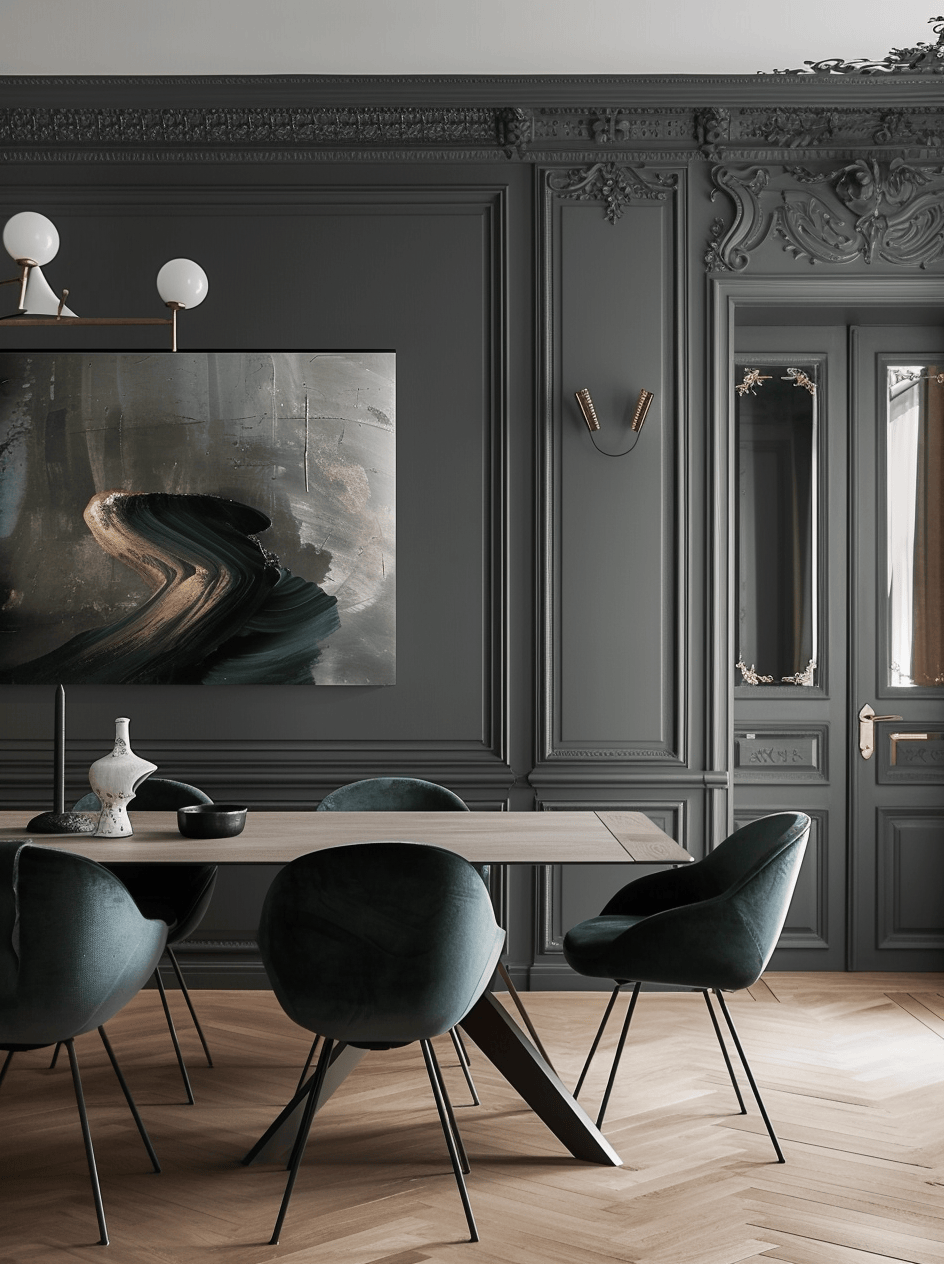 a Dark dining room ideas in black featuring sophisticated decor and plush seating