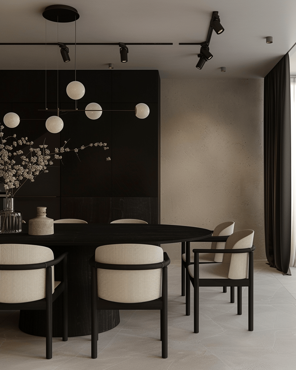 a Dark dining room with charcoal walls and a large, modern chandelier