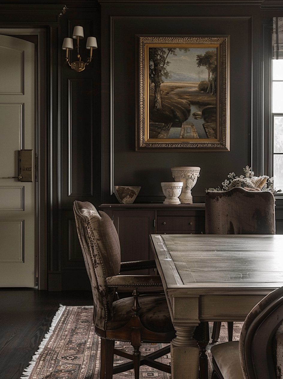 a Decorative cornices at the junction of walls and ceilings in a Victorian dining room