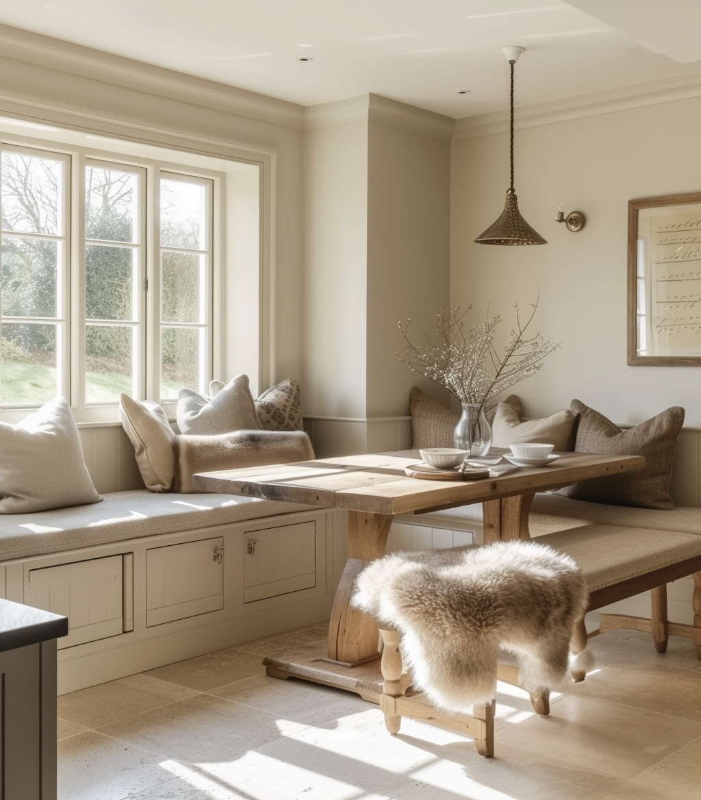 a Farmhouse dining room showcasing cozy elegance with bench seating and soft lighting