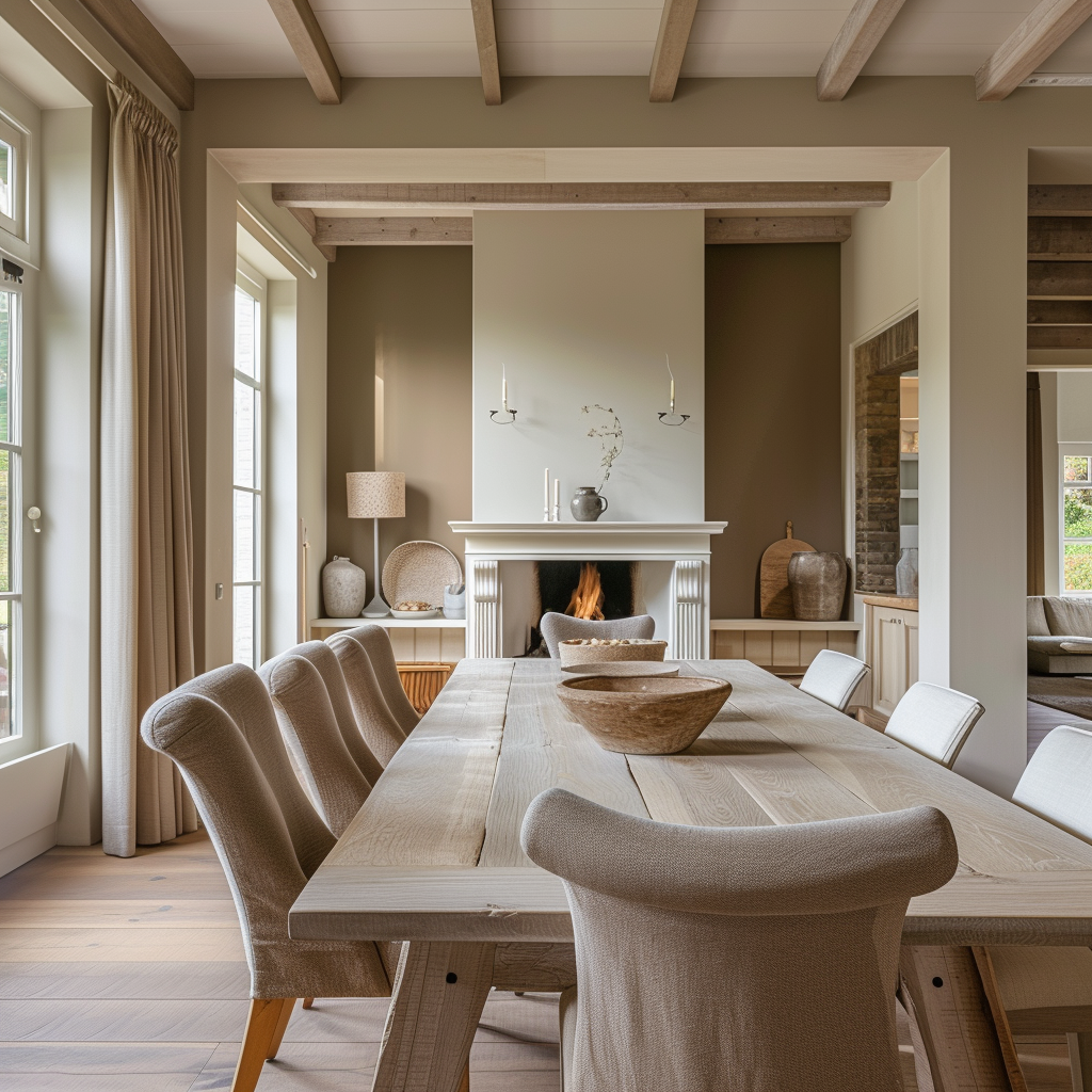 a Farmhouse dining room with elegant lighting fixtures for a cozy ambiance