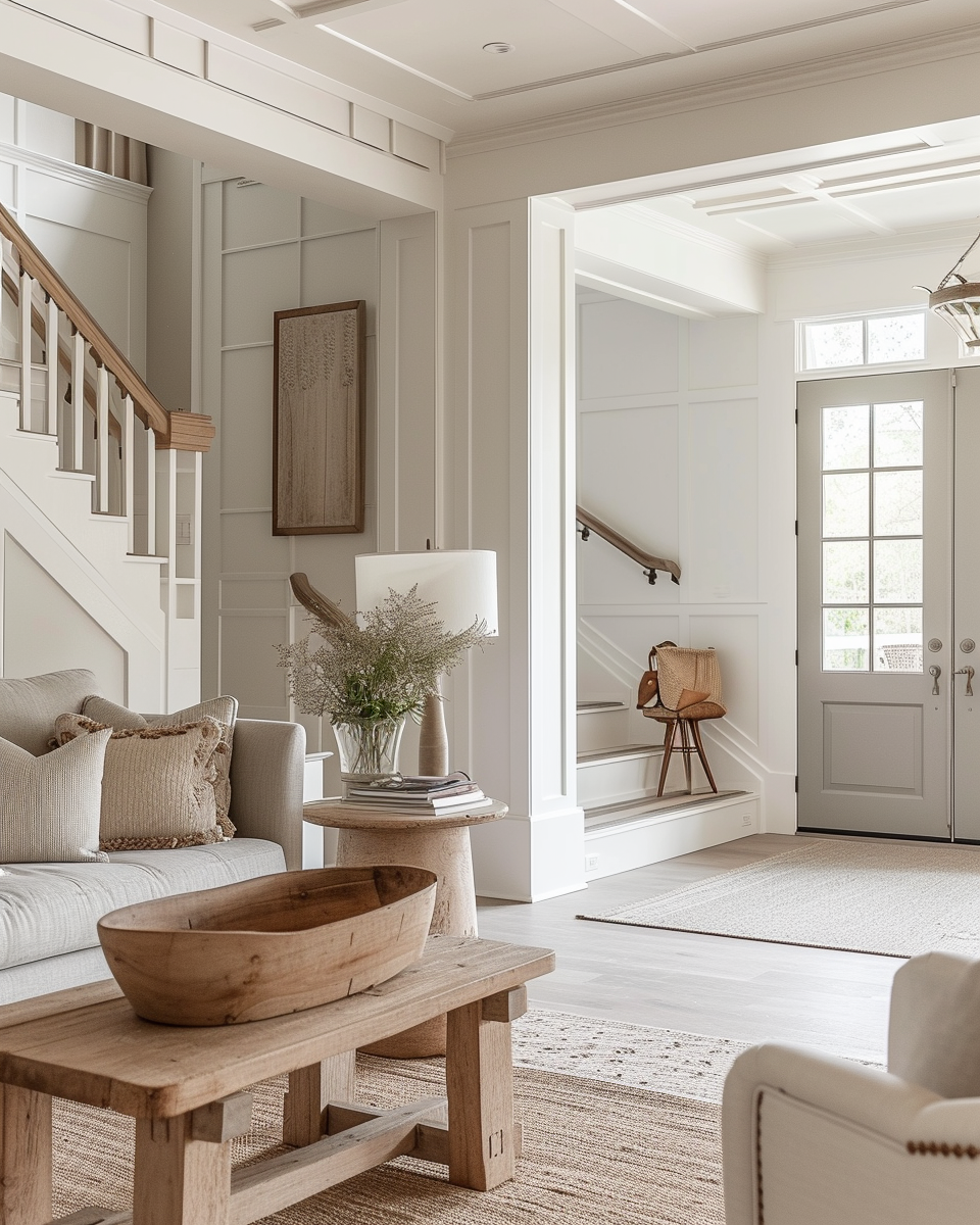 Farmhouse hallway with elegant reclaimed wood bench and shiplap walls