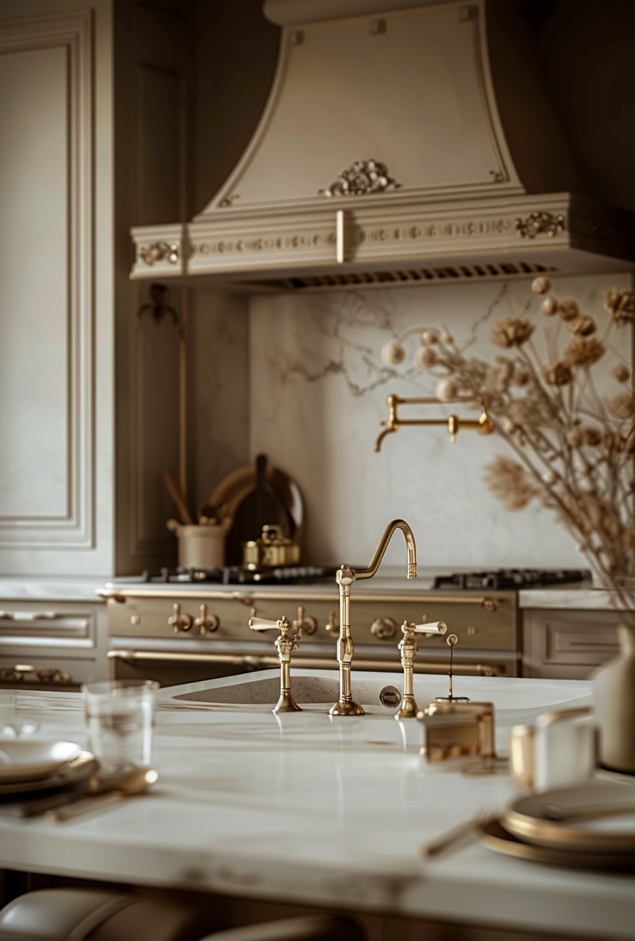 a French Parisian kitchen cabinets makeover in classic white with glass panel doors for a refined feel