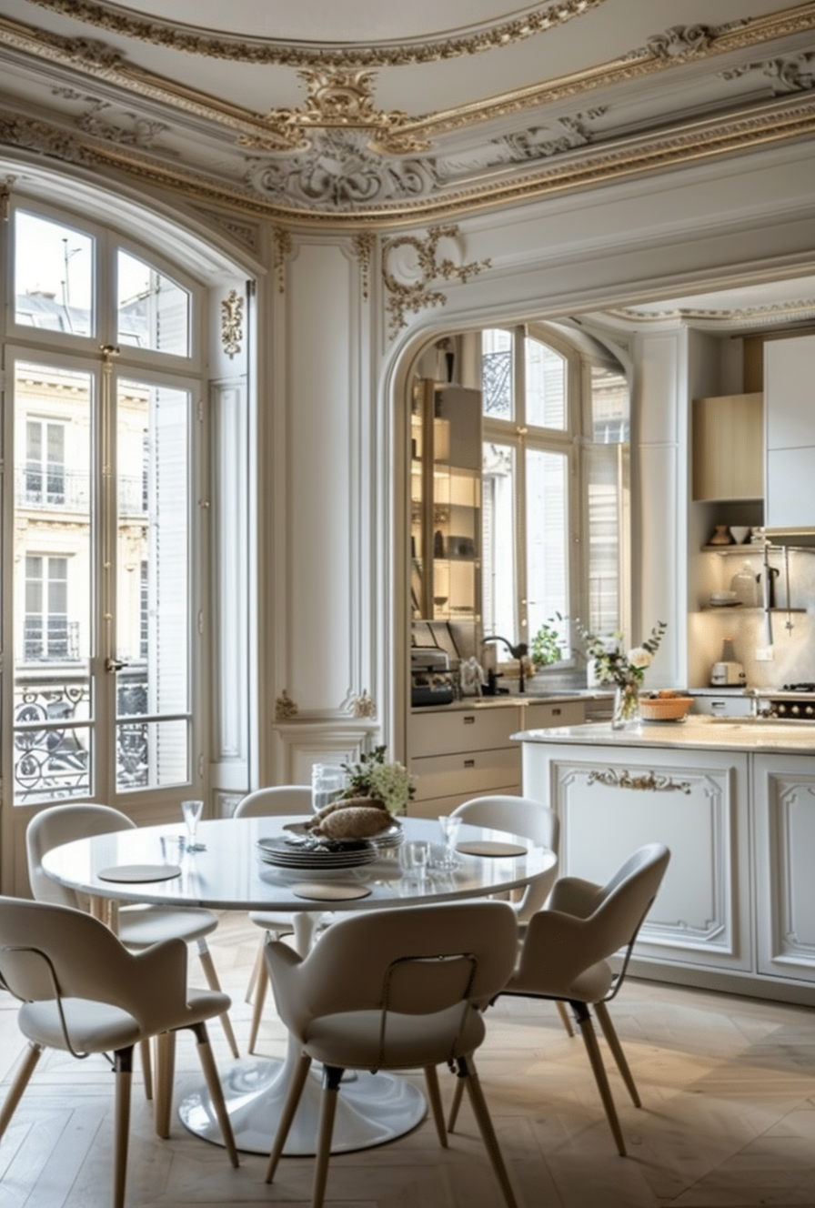 a French Parisian kitchen islands designed for style and functionality, with built-in wine storage
