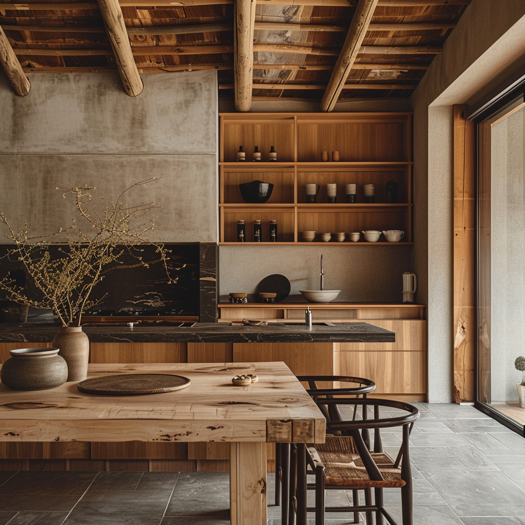 a Inviting Japanese kitchen decor that combines rustic wood with modern aesthetics