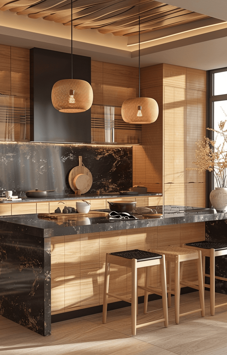 a Japandi kitchen essentials displayed in a minimalist and natural setting