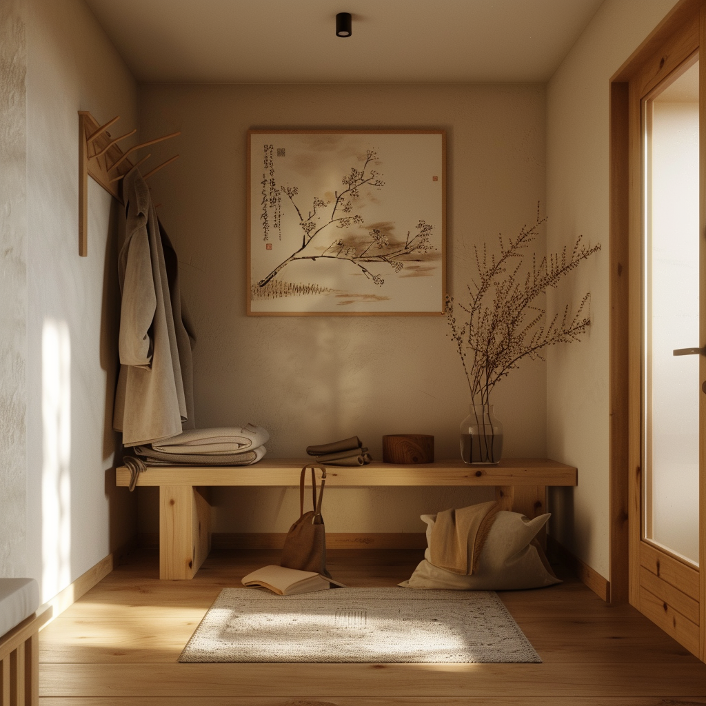 a Japanese hallway with modern and traditional design elements blending seamlessly