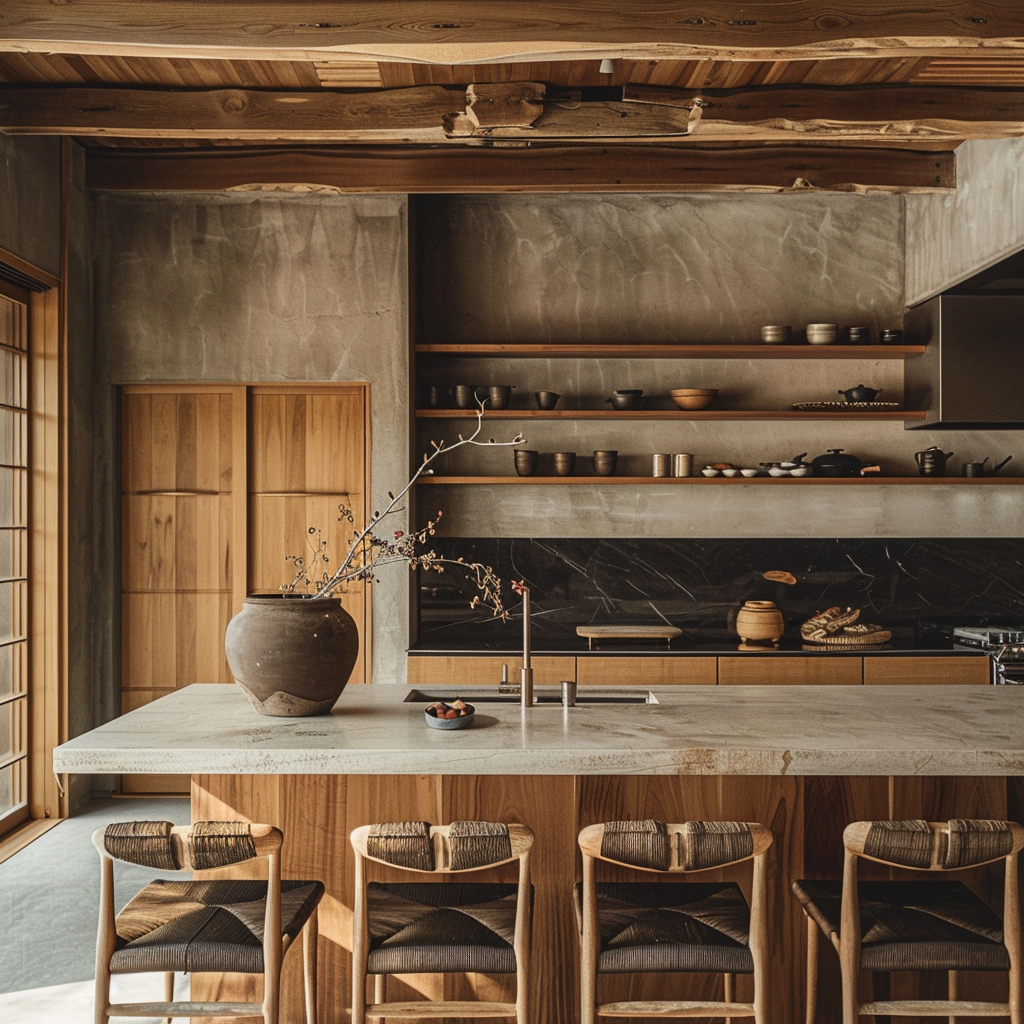 a Japanese kitchen retreat featuring a zen garden view and natural stone flooring