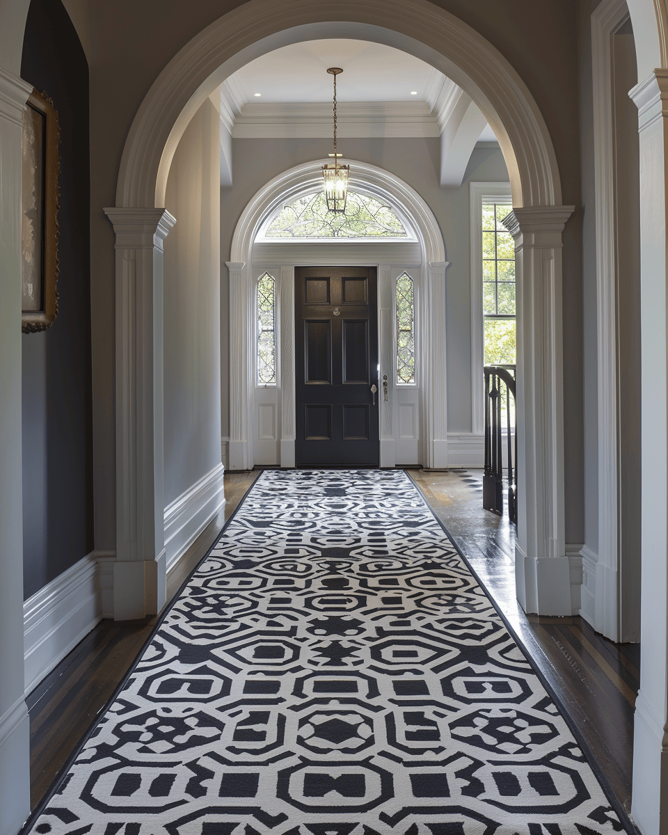 a Luxurious Art Deco hallway with terrazzo flooring and black & white tile design