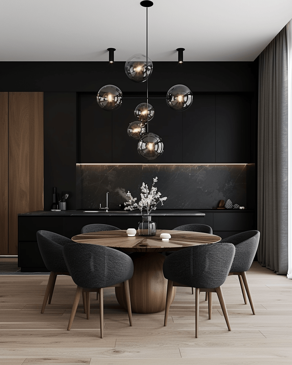 a Luxurious dark dining room featuring velvet chairs and brass accents