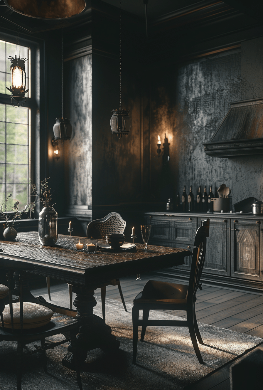 a Luxurious dark dining room ideas showcasing a custom bar area and designer accessories