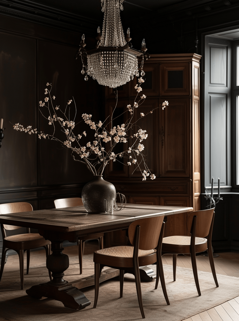 a Masculine dark dining room with leather accents and industrial elements