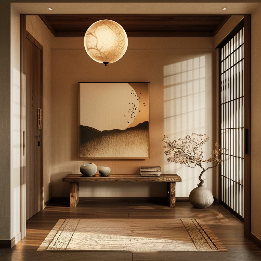 a Minimalist Japanese hallway decor featuring elegant simplicity