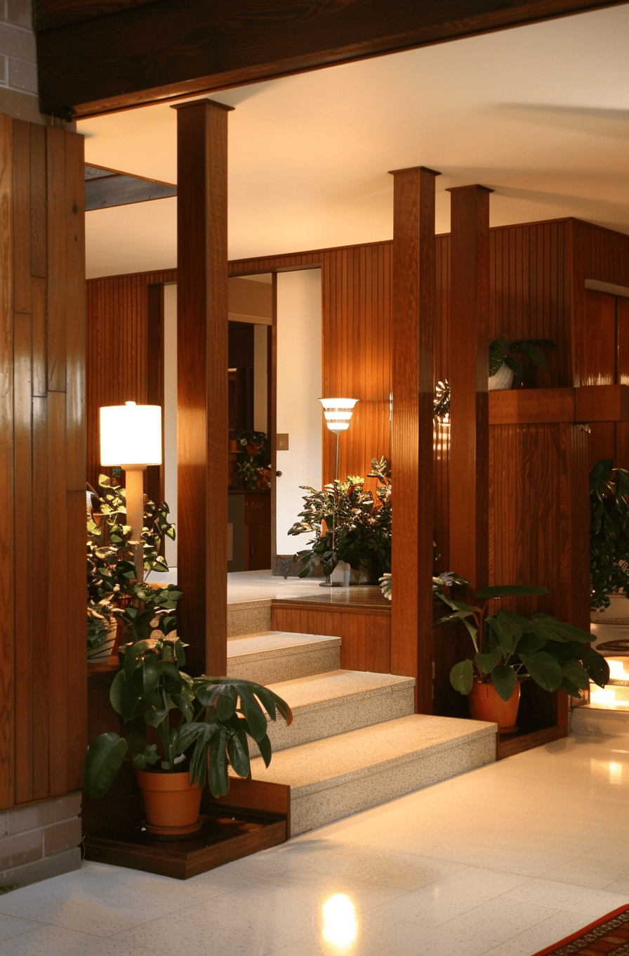 a Revived 70s hallway with classic furniture pieces and decorative plants