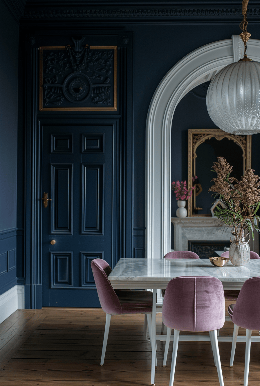 a Richly colored Victorian dining room featuring deep red walls and gold accents