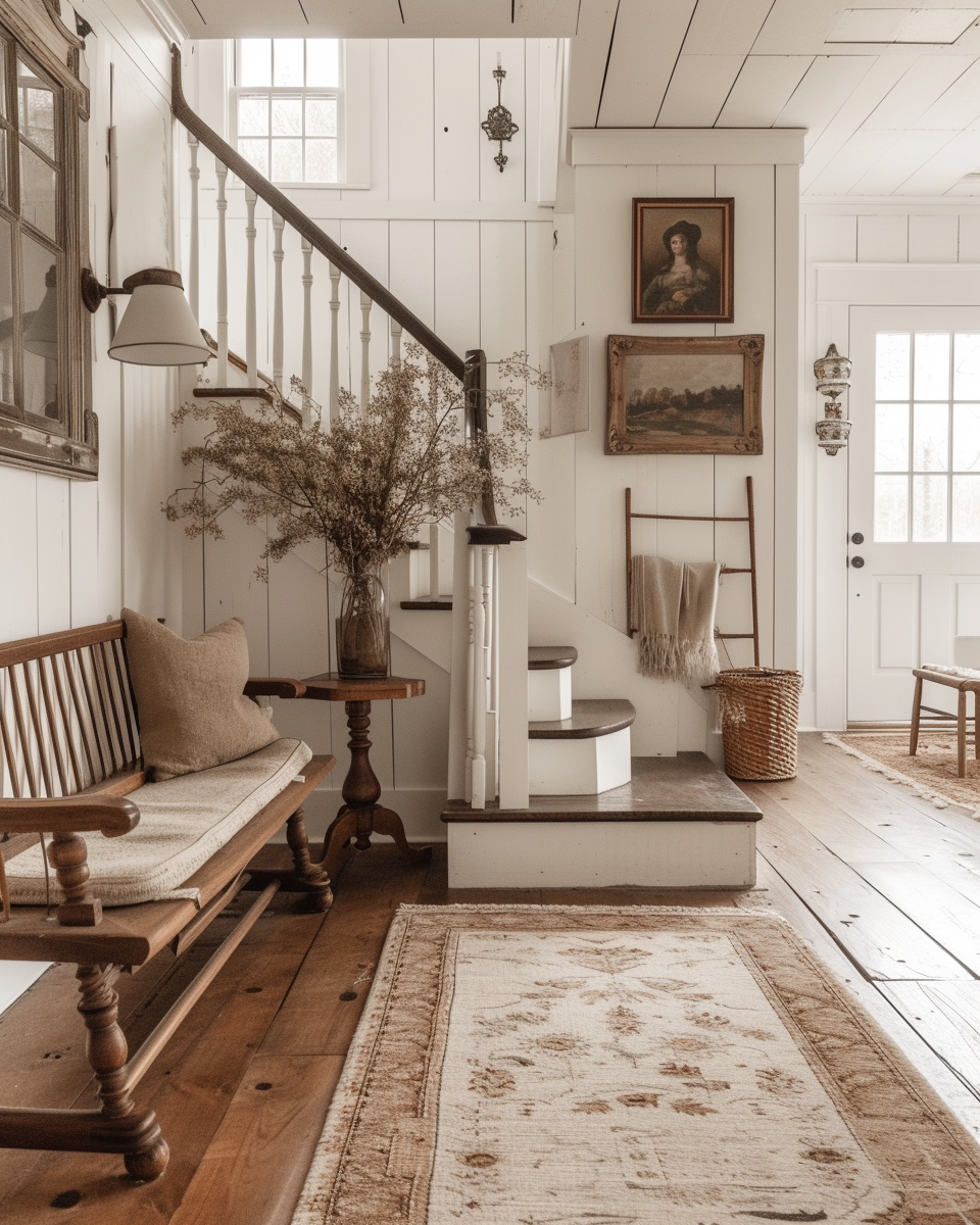 a Rustic modern farmhouse hallway featuring a sliding barn door and vintage decor