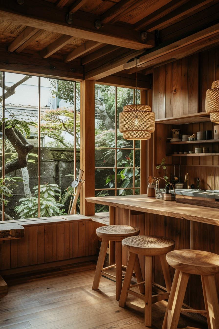 a Serene Japanese kitchen atmosphere achieved with soft, neutral colors and natural materials