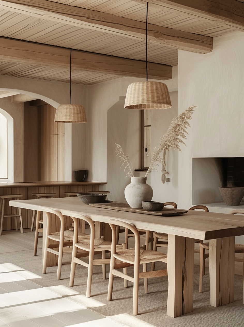 a Serene farmhouse dining room with a soothing color scheme and window treatments