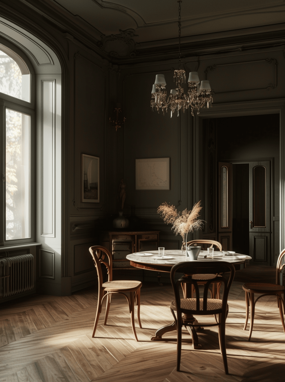 a Sophisticated dark dining room with luxurious decor and mirrored surfaces