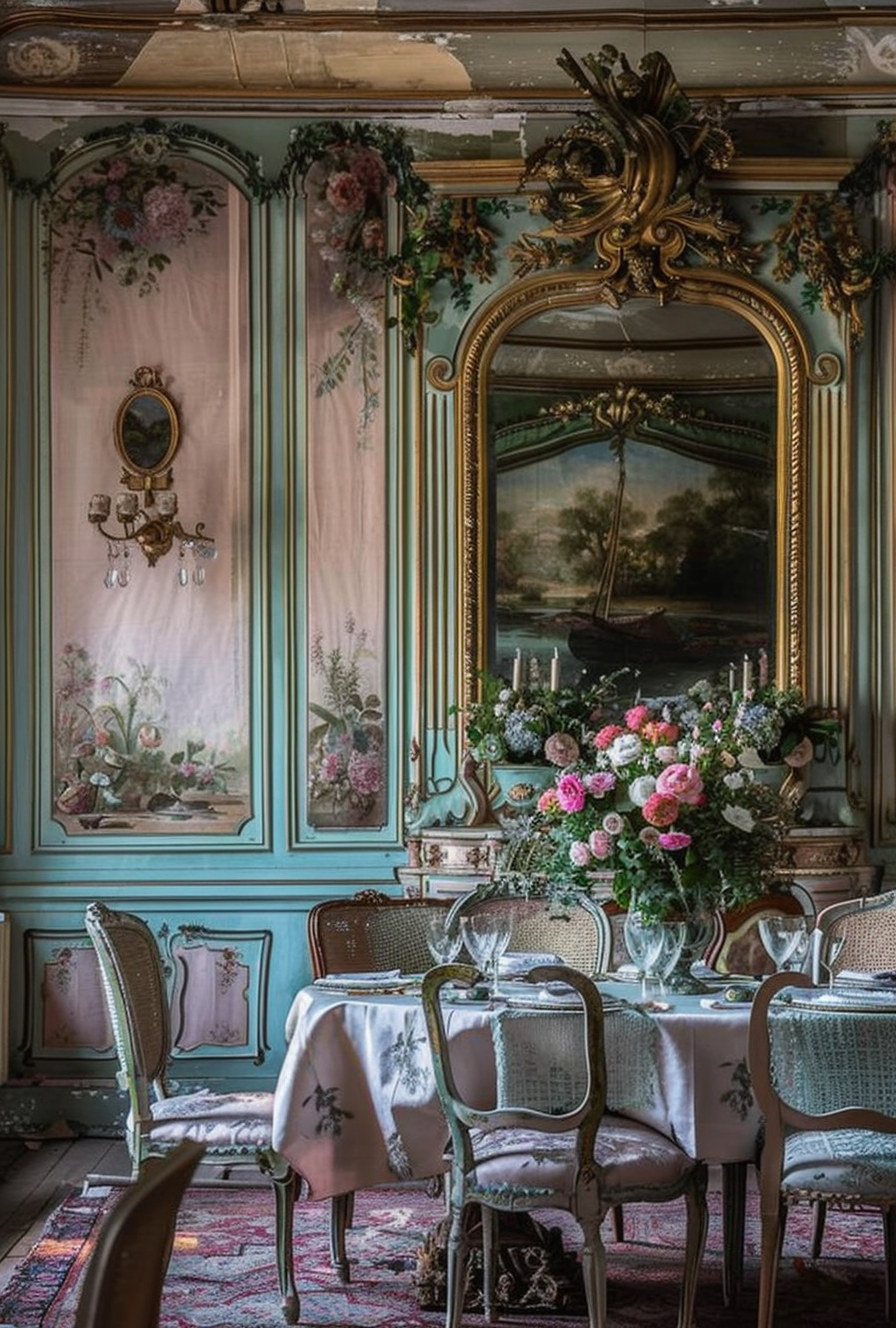a Spacious French Parisian dining room with overmantel mirrors and parquet flooring