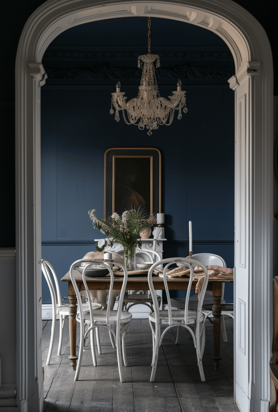 a Victorian dining room adorned with floral damask wallpaper adding elegance and depth