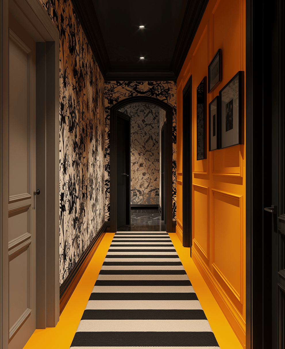 a Warmly lit Art Deco hallway with layered lighting fixtures and frosted glass elements
