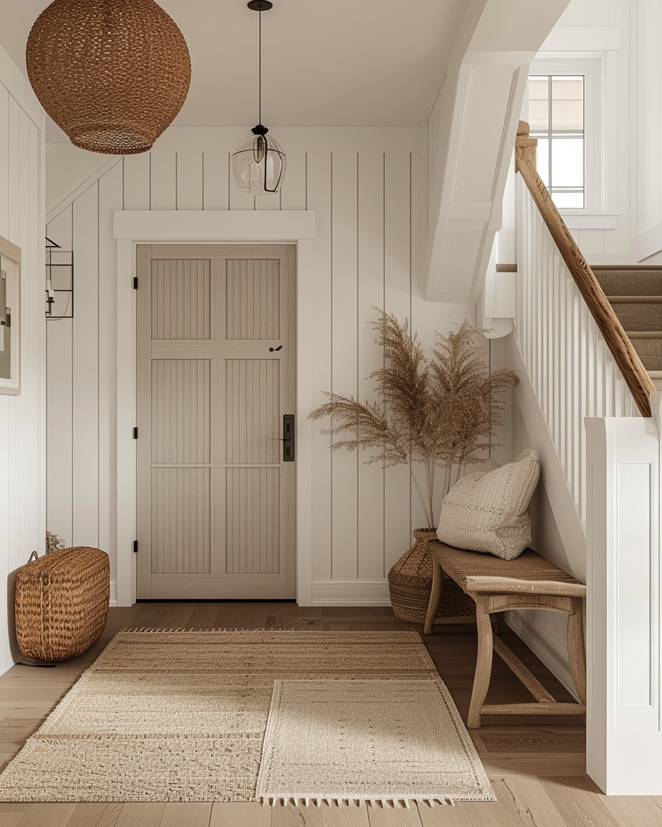 a Warmly lit farmhouse hallway with mason jar lights and galvanized planters