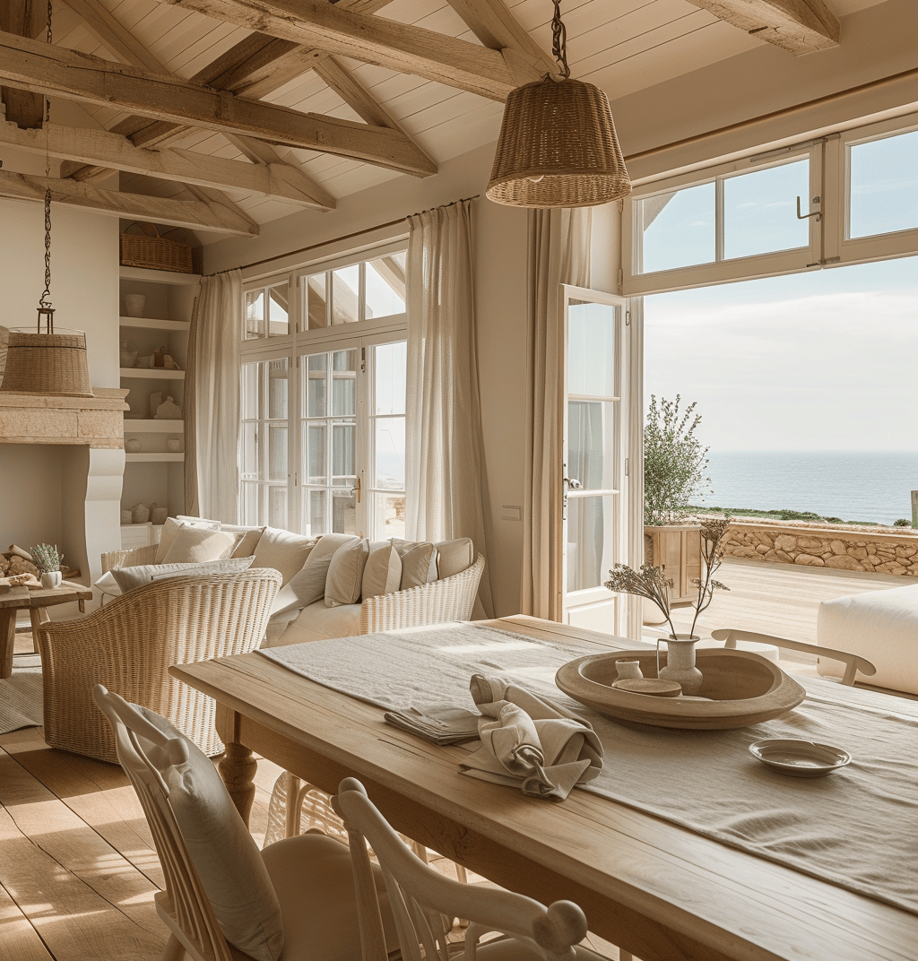 a beachy Coastal dining room floor ideas that echo the textures and colors of the beach