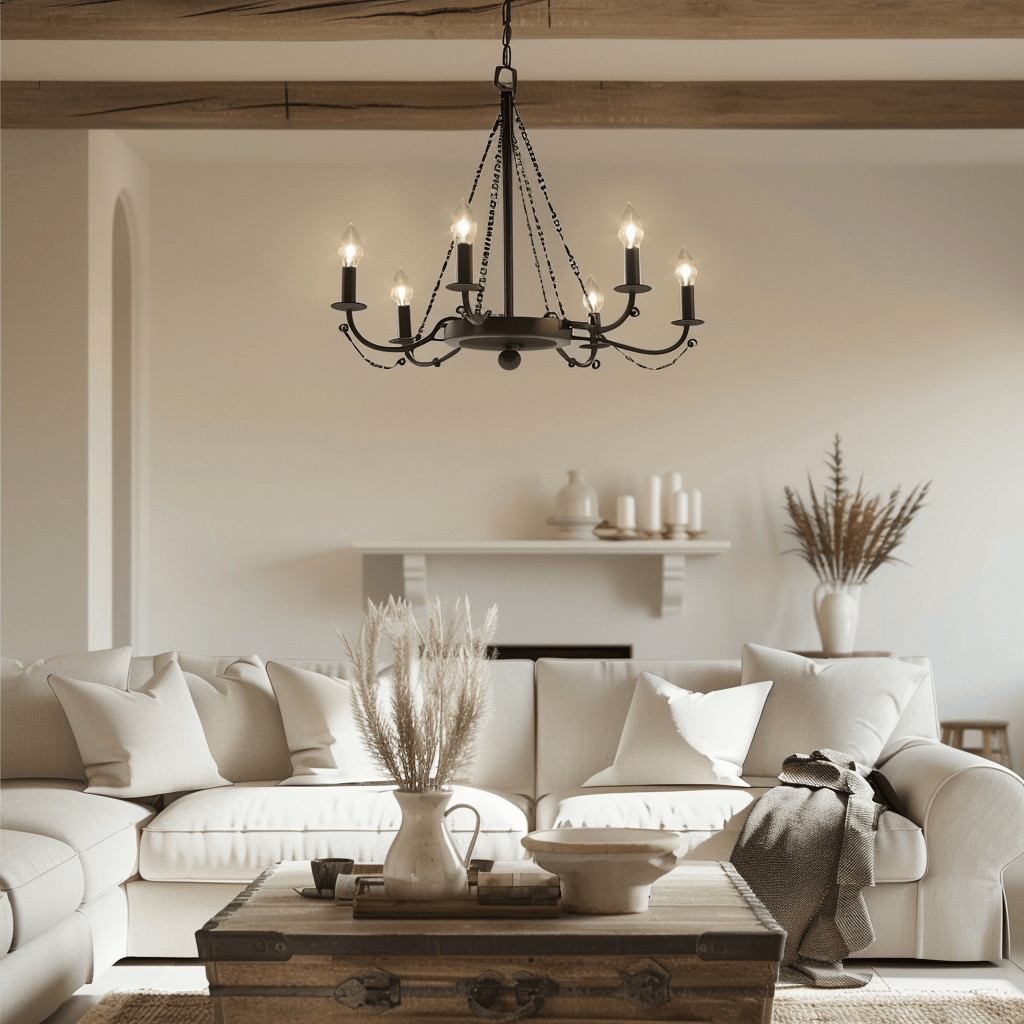 a charming chandelier as a focal point in a modern cottage living room, rustic or vintage-inspired design, creating an inviting atmosphere3