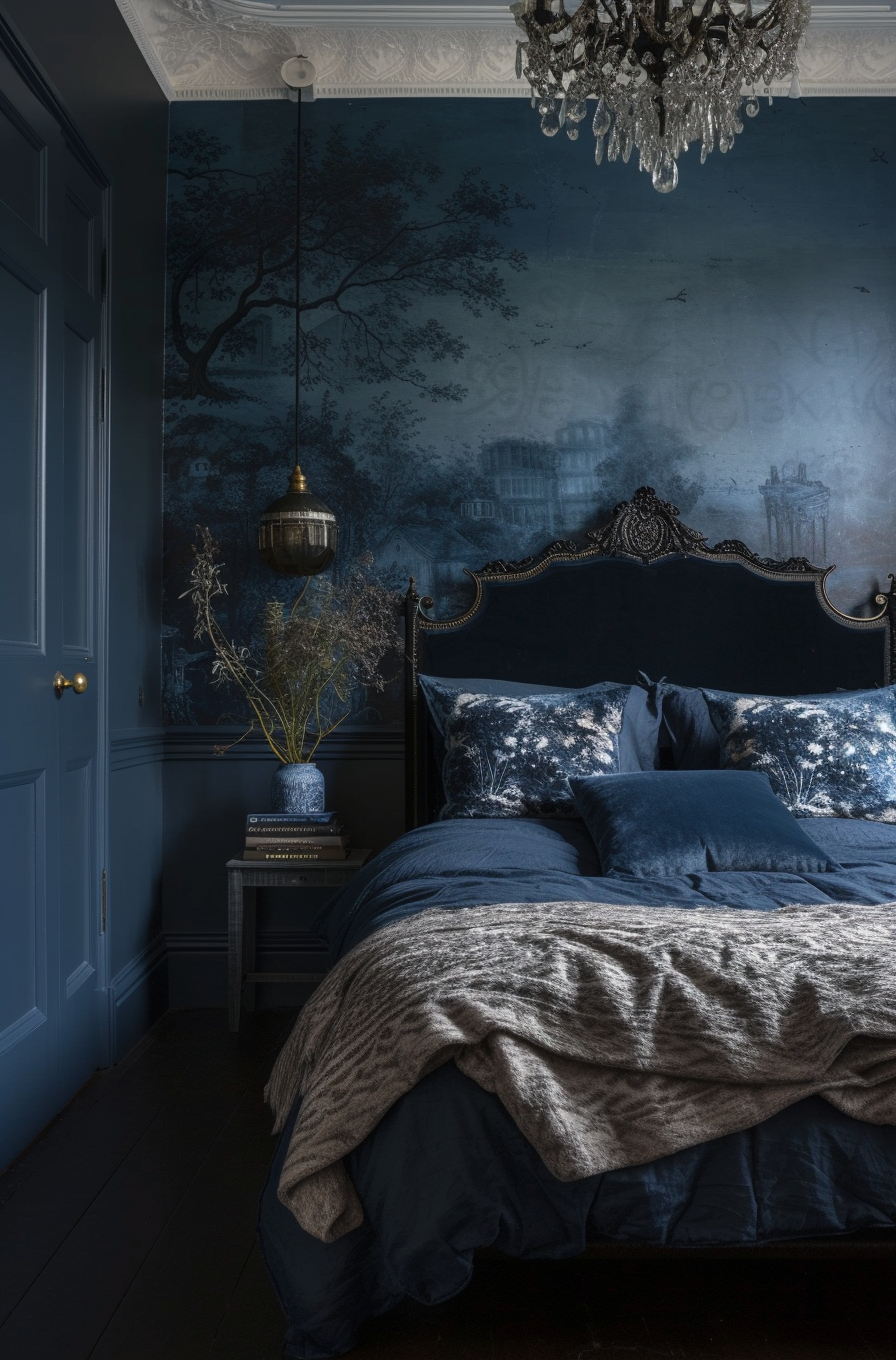 modern victorian bedroom navy blue bed with blue covers