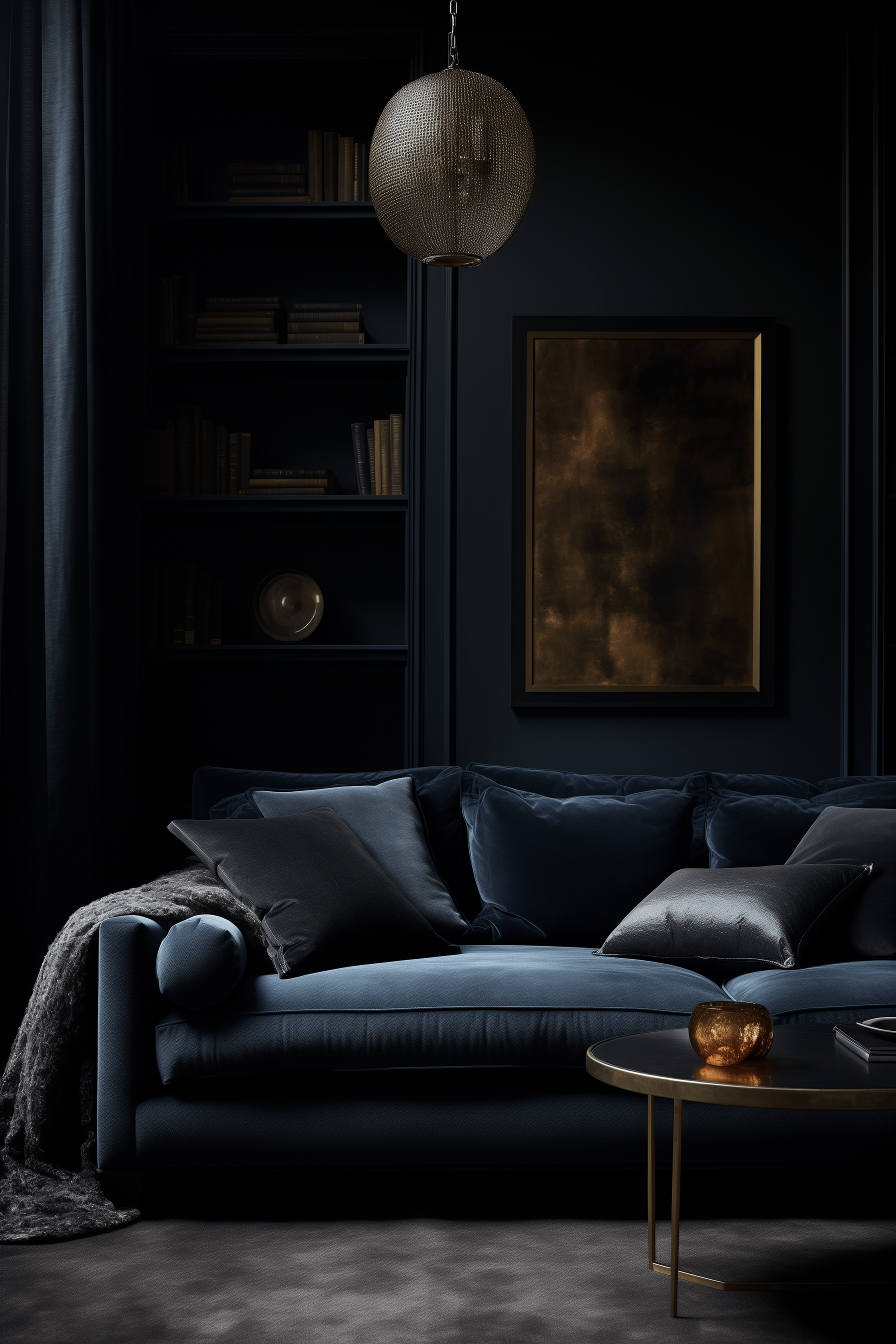 Spacious dark living room in a luxury setting, showcasing designer furniture and textiles, captured in natural daylight.