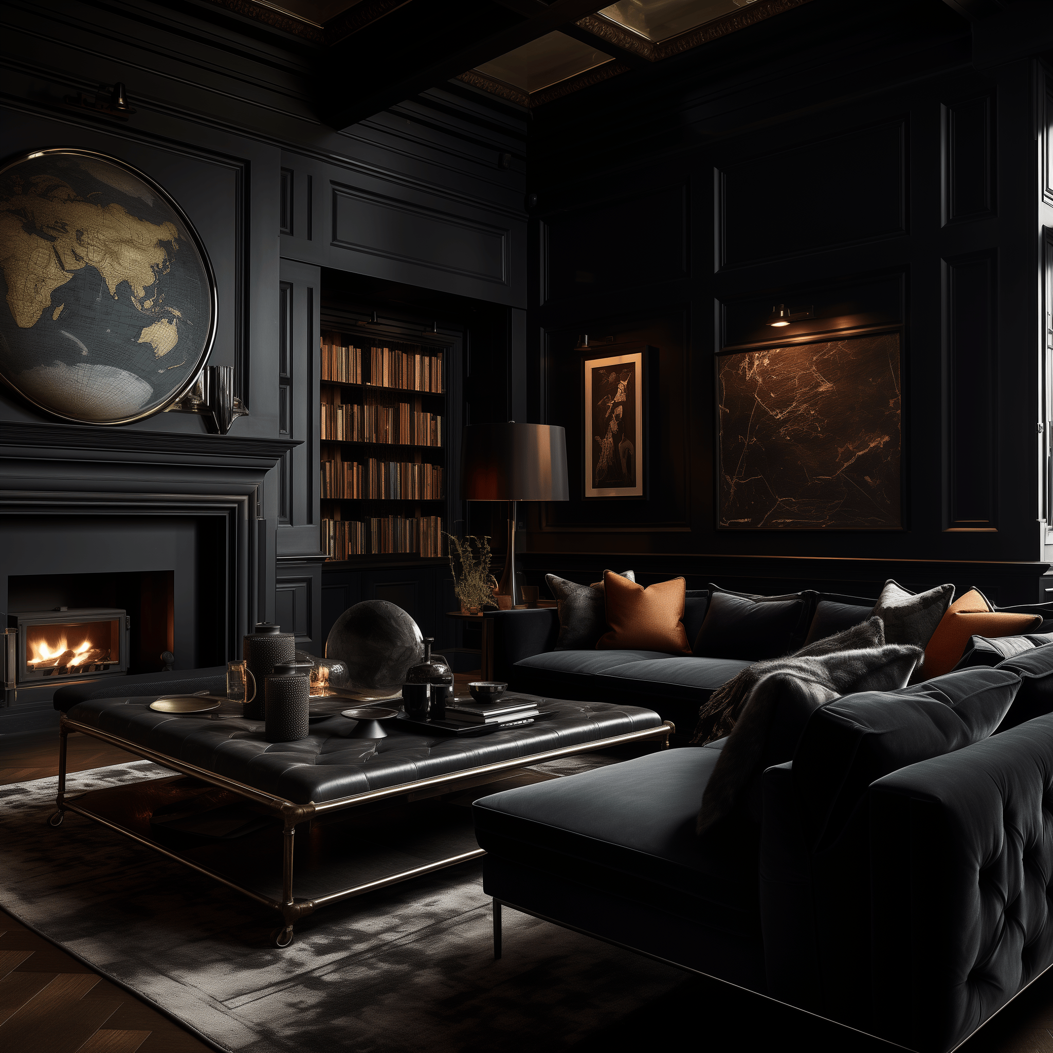 Daylit dark living room captured at eye-level, highlighting the interplay of luxurious textiles and unique wall textures.
