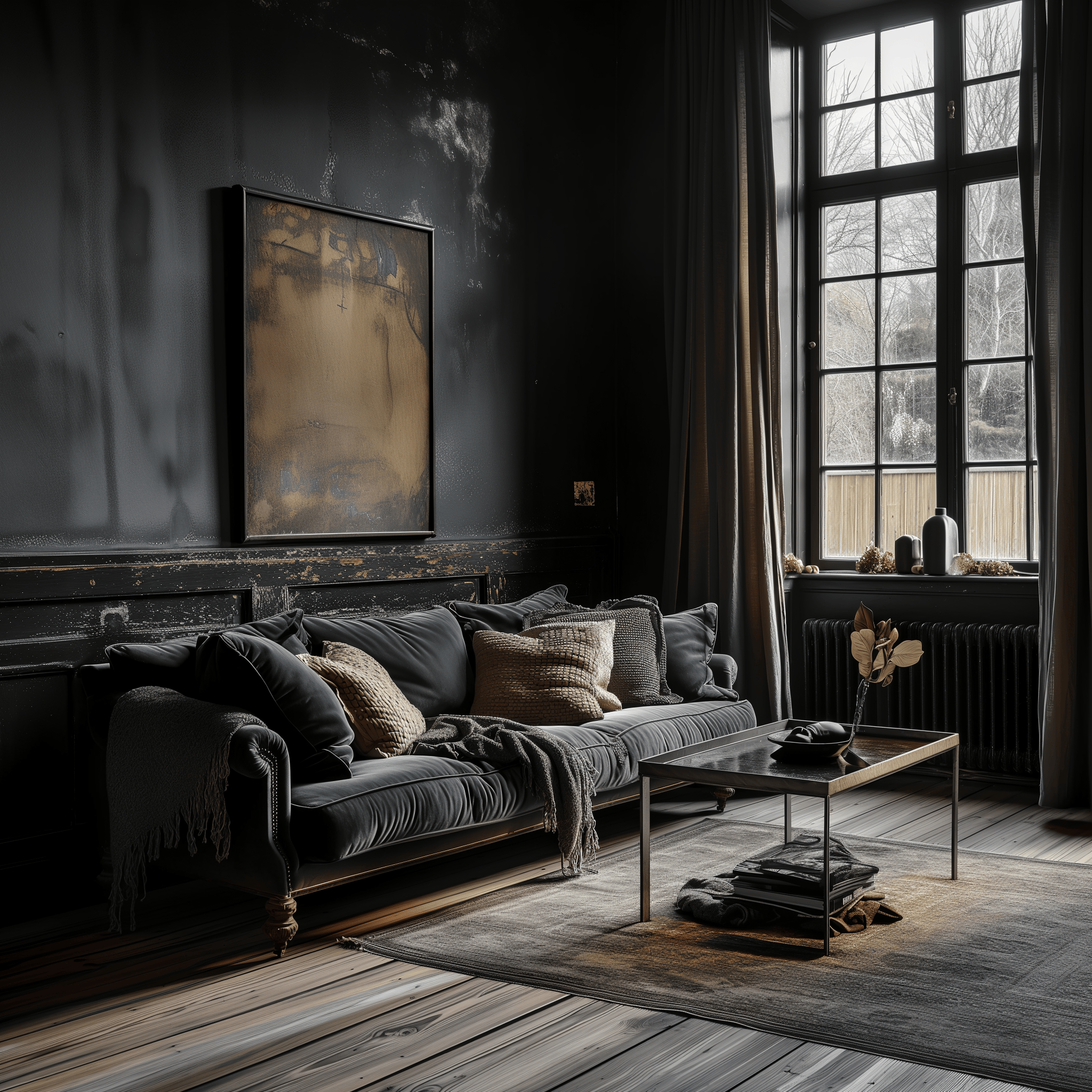 Elegant, dark living room in a real estate photo, featuring eye-level architectural details and high-end, cozy textiles.