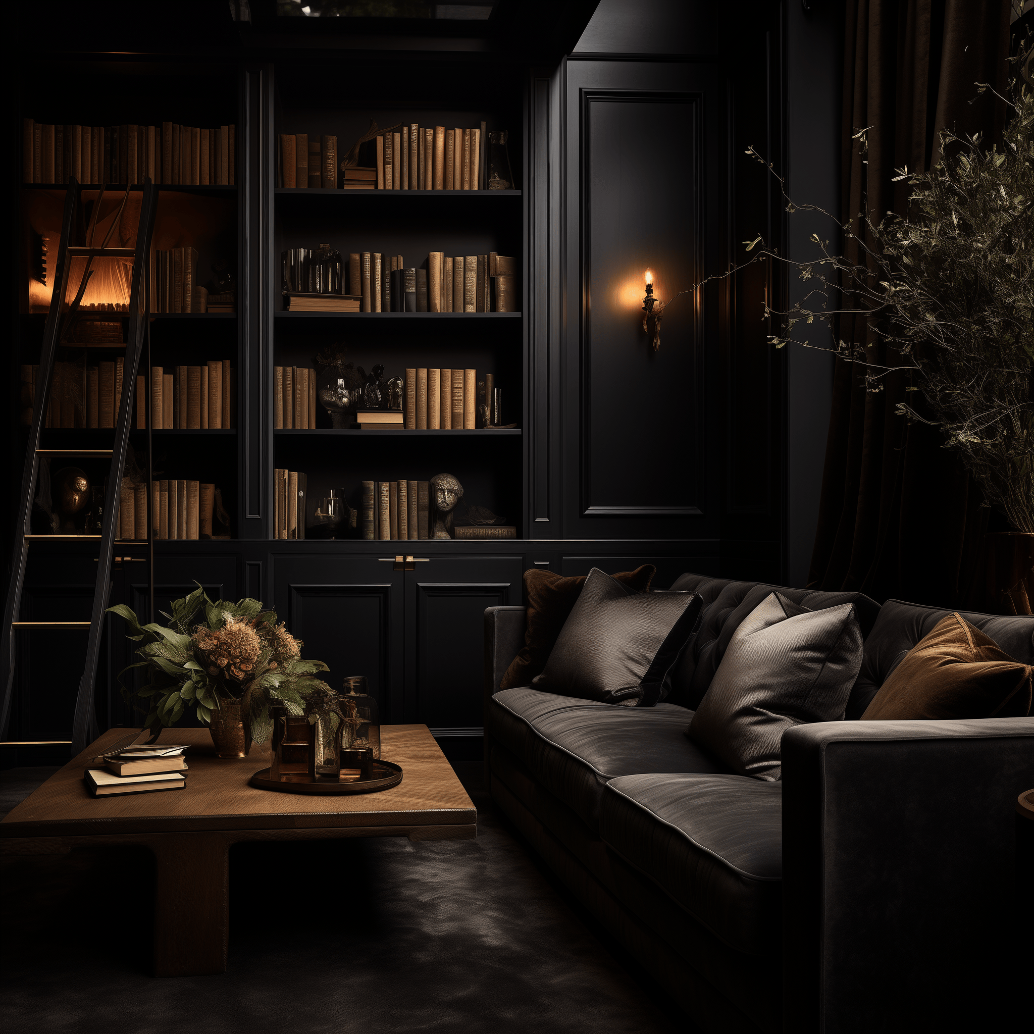 Cozy and dark living room, photographed from an eye-level angle, highlighting luxurious textiles and architectural elegance.