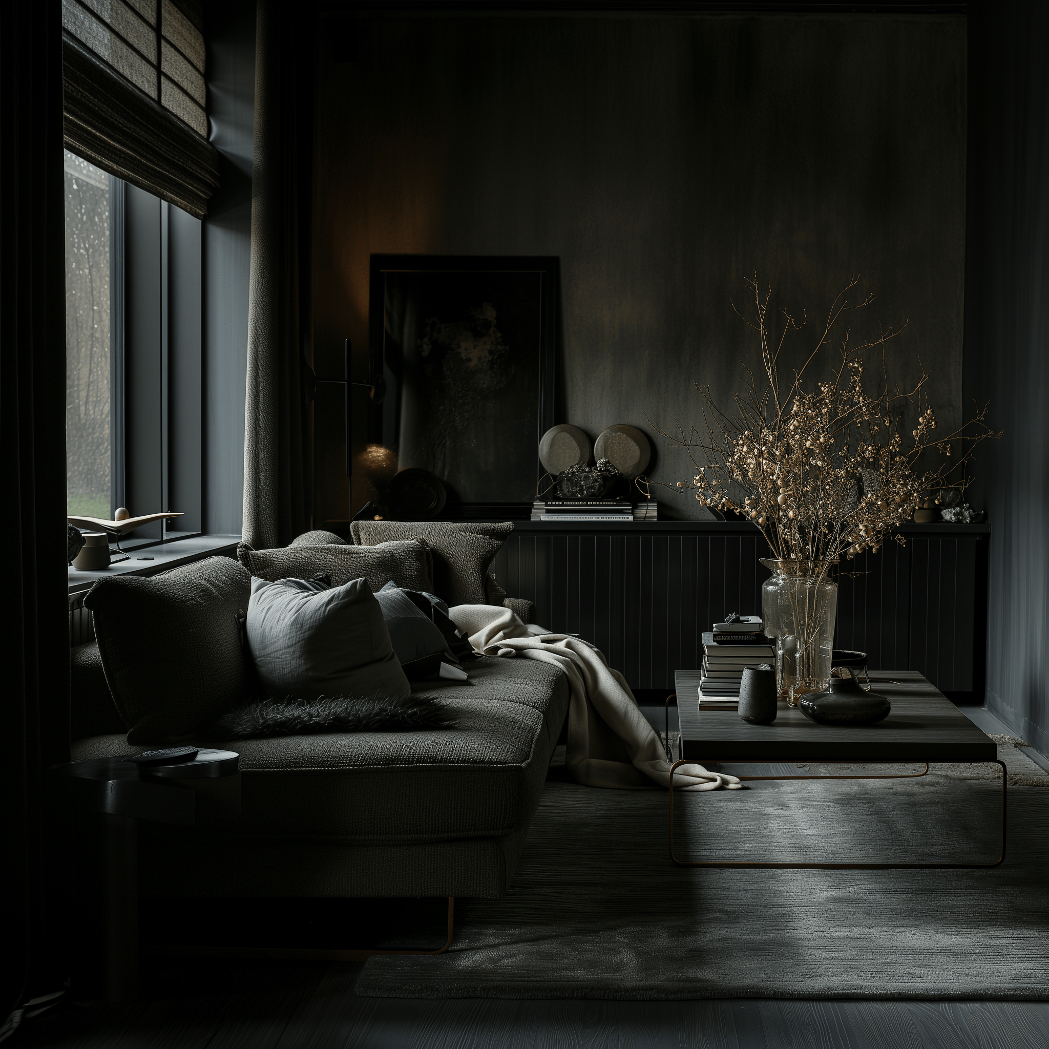 Eye-level view of a homely dark living room, featuring a blend of elegant textiles and designer furniture in natural light.