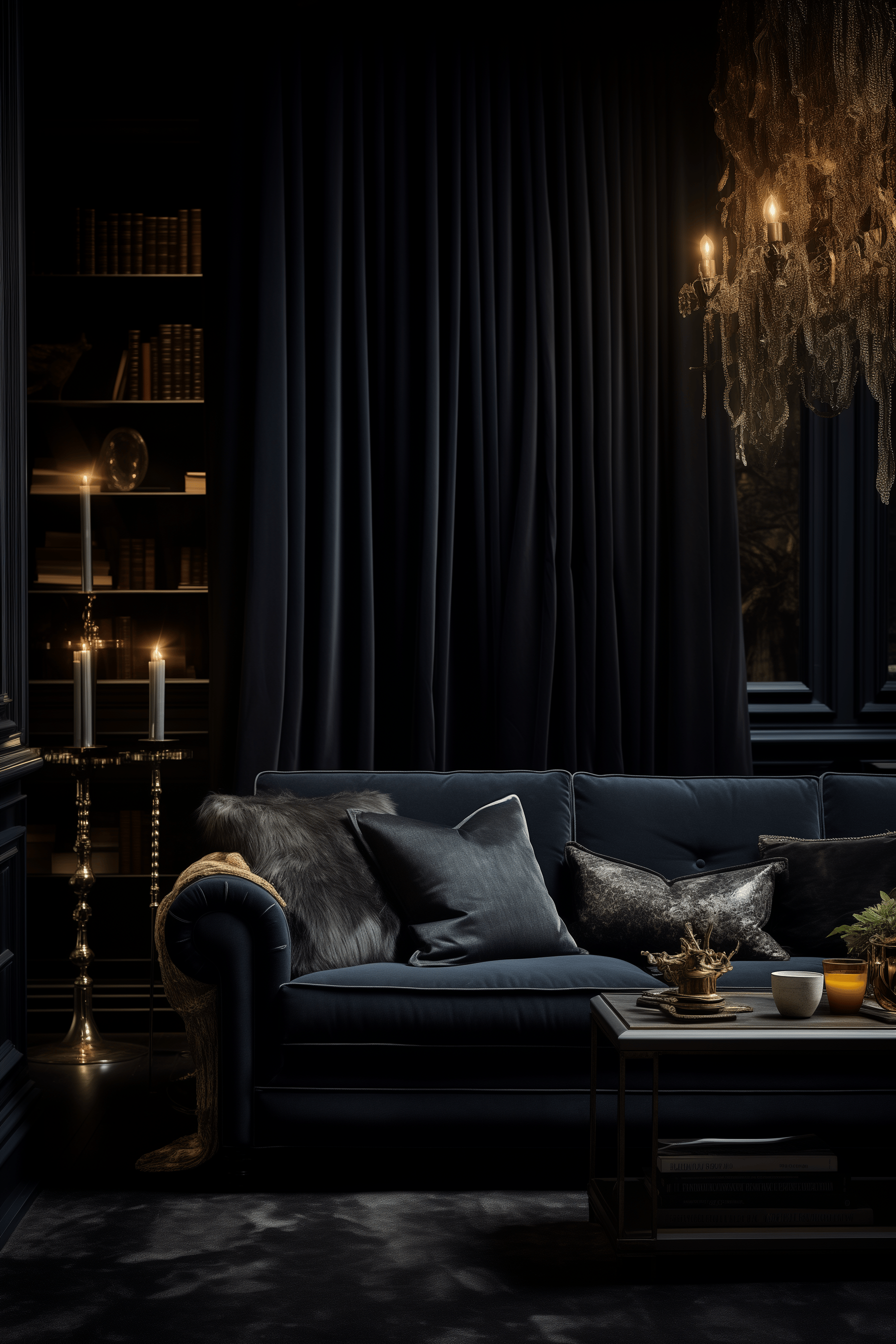 Daylit, dark living room in a luxury real estate setting, photographed at eye-level, highlighting cozy textiles and designer elements.