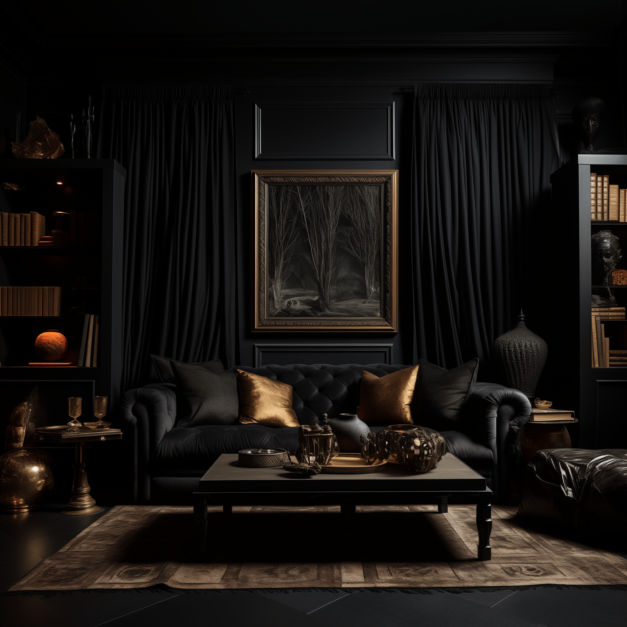 Luxurious dark living room in a real estate photo, showcasing eye-level architectural details and elegant black-colored decor.