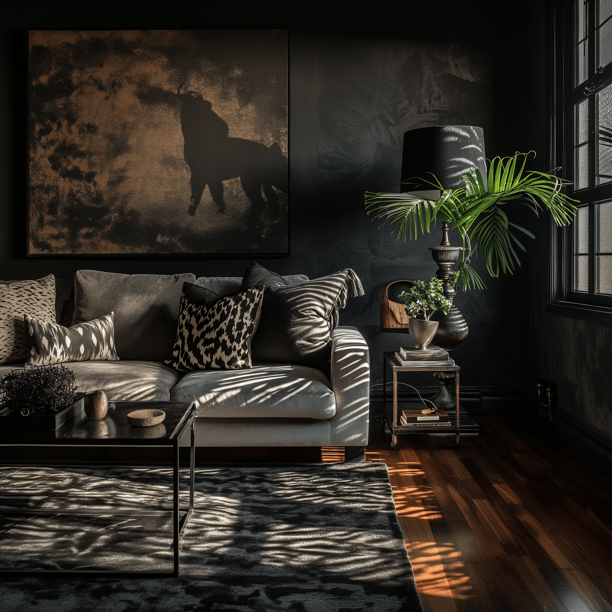 Elegant and cozy dark living room, captured at eye-level, featuring luxury textiles and unique wall textures in daylight.