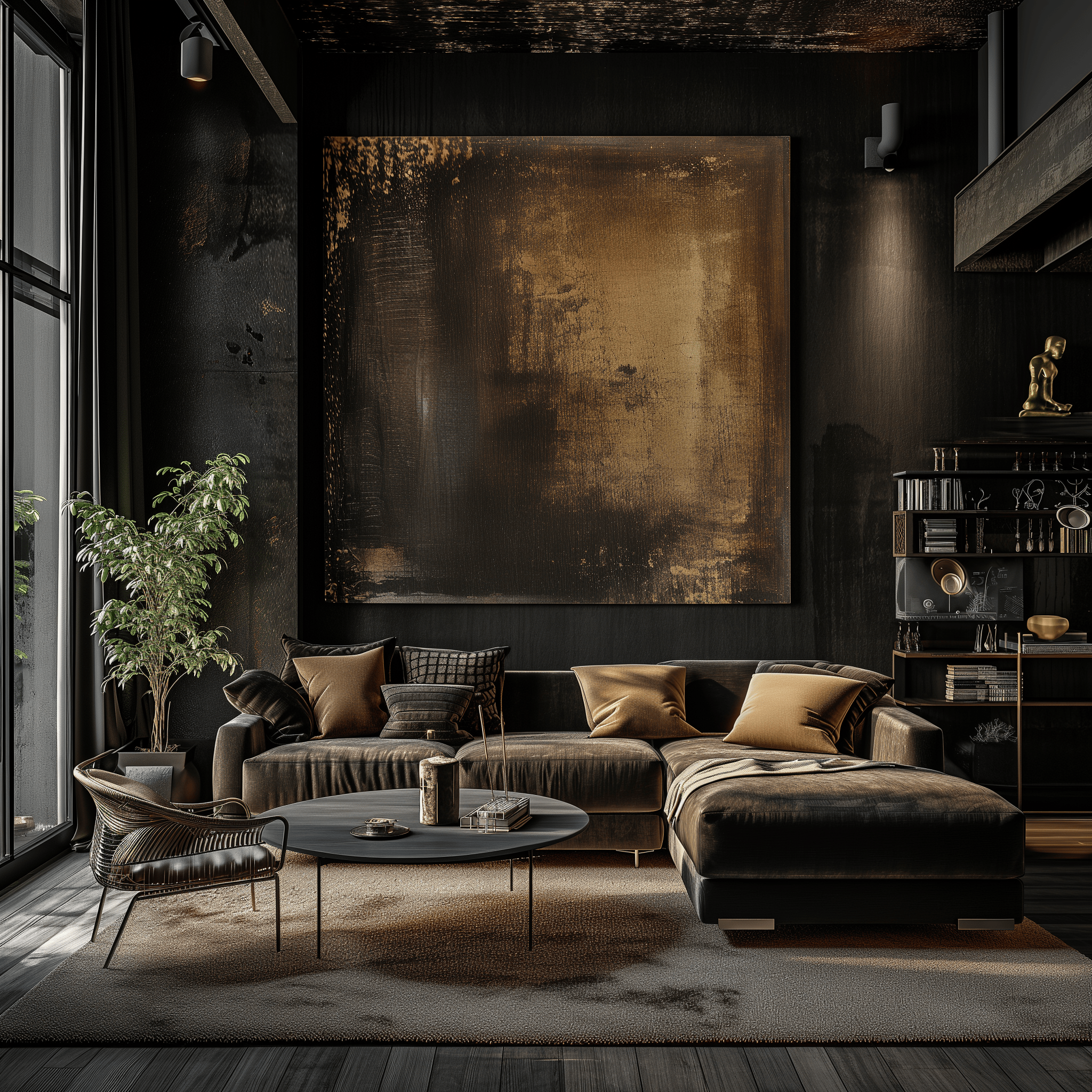 Eye-level photograph of a spacious, dark living room, showcasing the interplay of luxury textiles and textured walls in daylight.