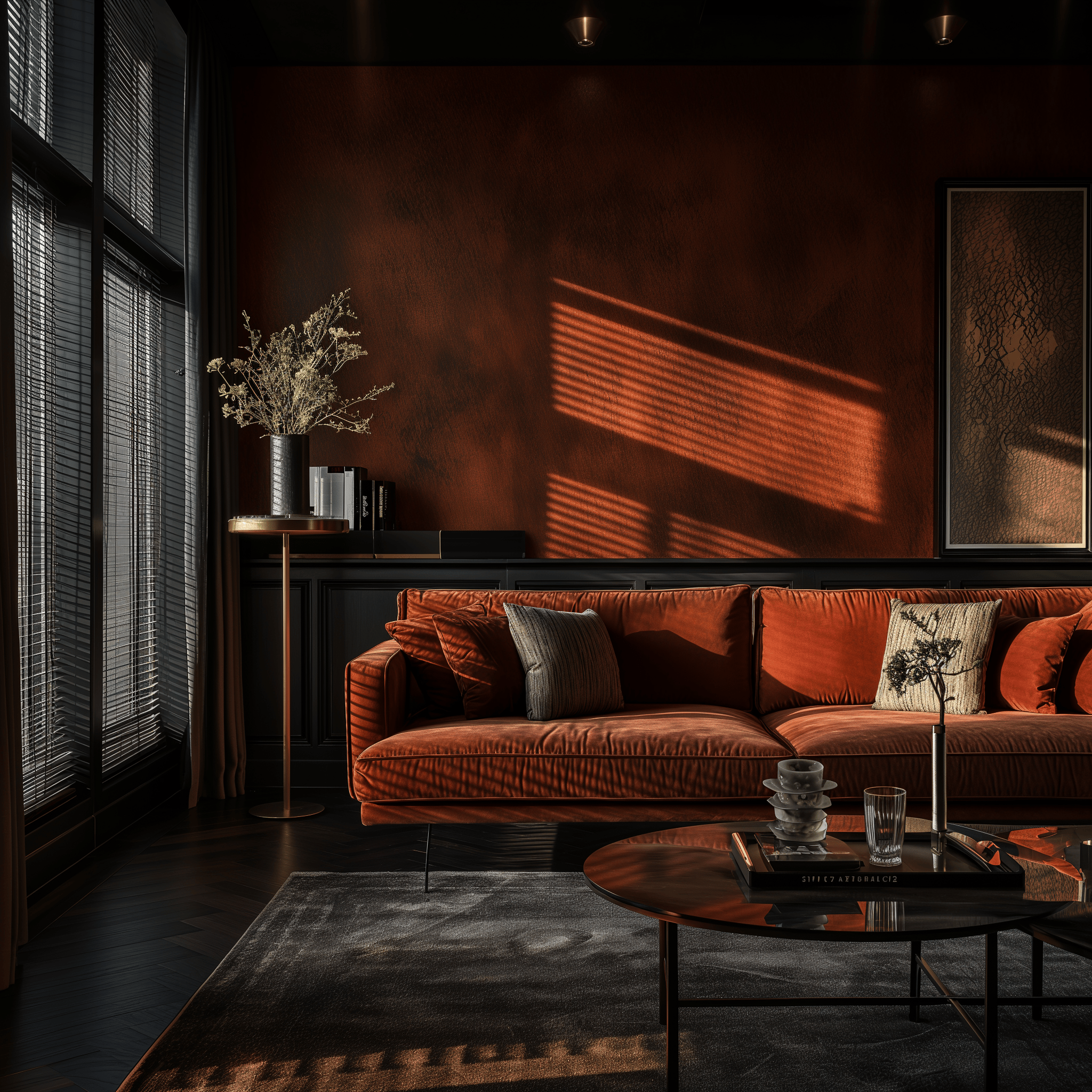 Homely dark living room with eye-level views of luxurious textiles, architectural details, and elegant black furnishings.