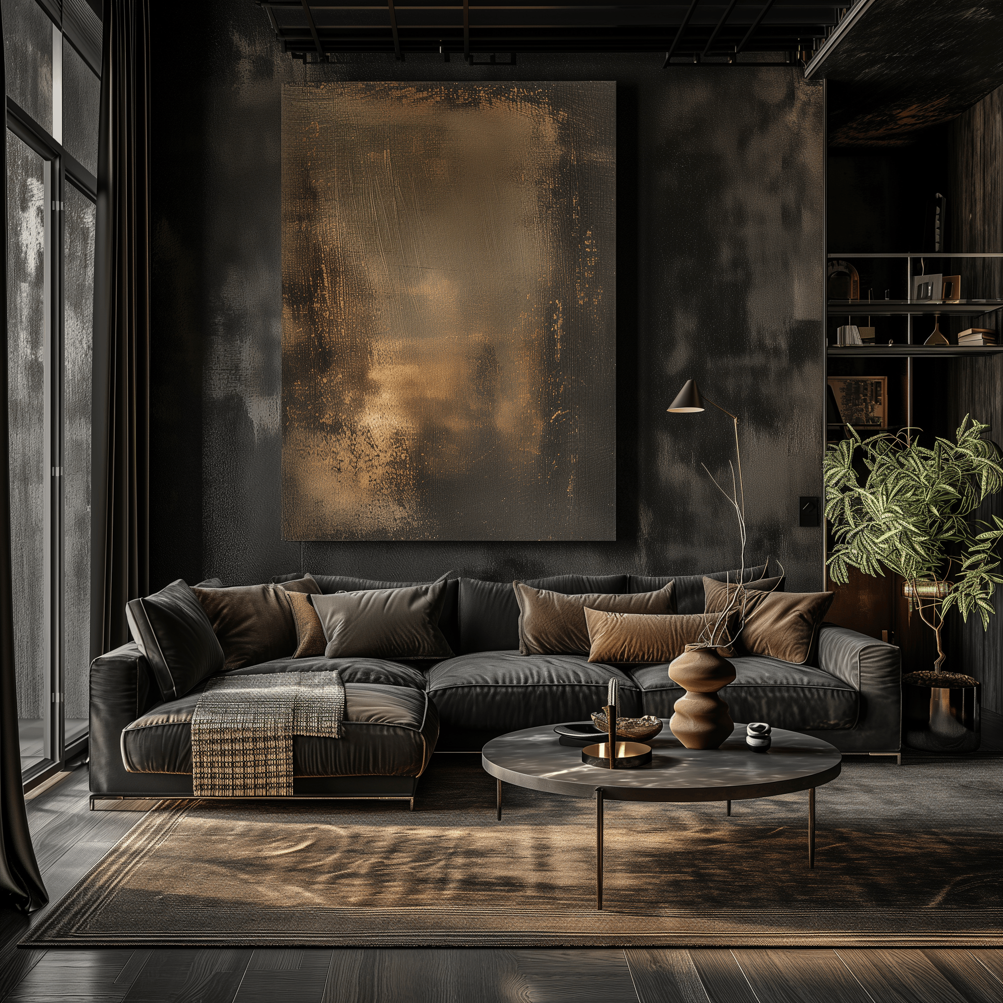 Homely dark living room with eye-level views of luxurious designer furnishings and elegant textiles, illuminated by natural light.