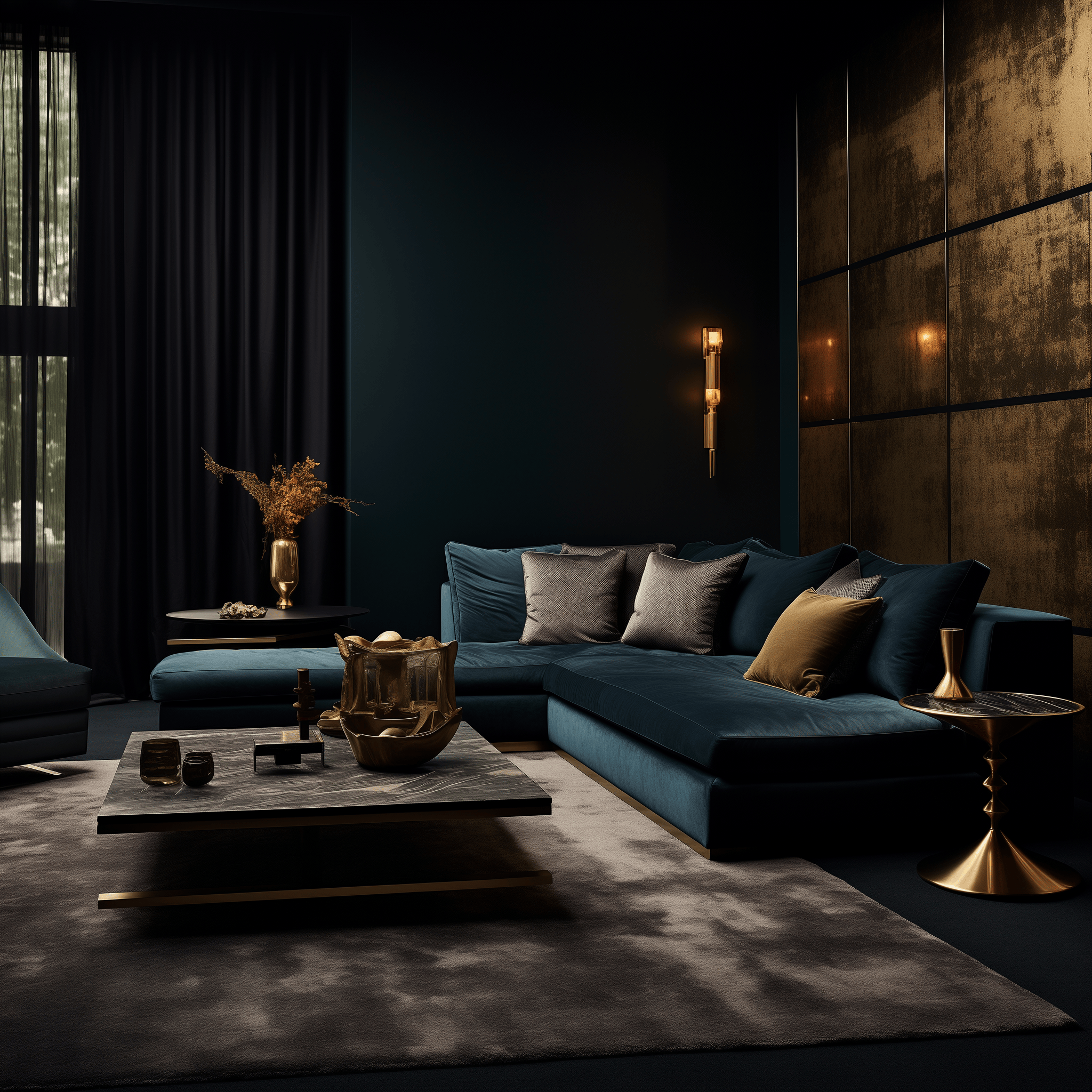 Cozy and luxurious dark living room, captured from an eye-level perspective, showcasing unique wall textures and designer furniture.