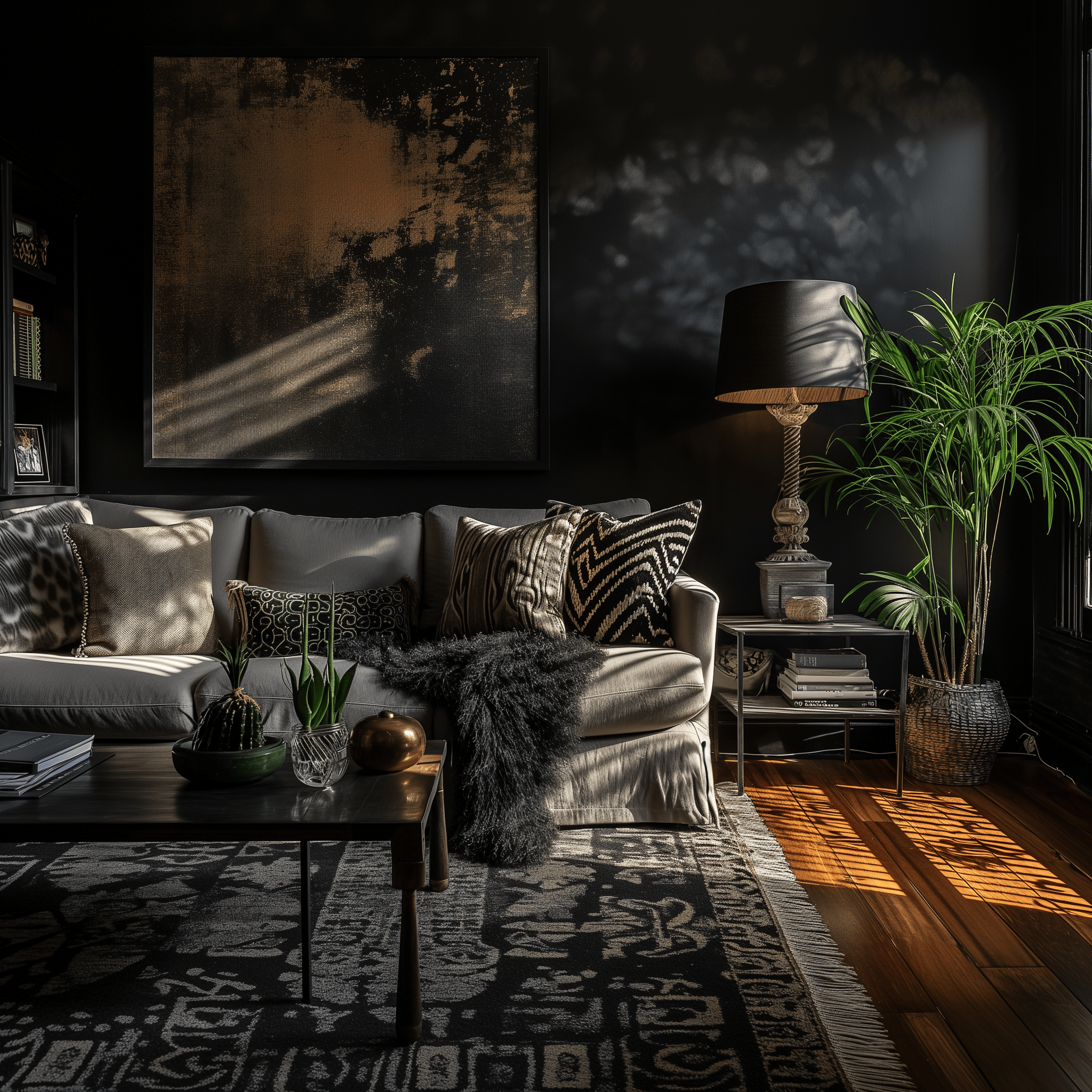 Spacious and dark living room in a luxury setting, showcasing designer furniture and textiles, captured in natural daylight.