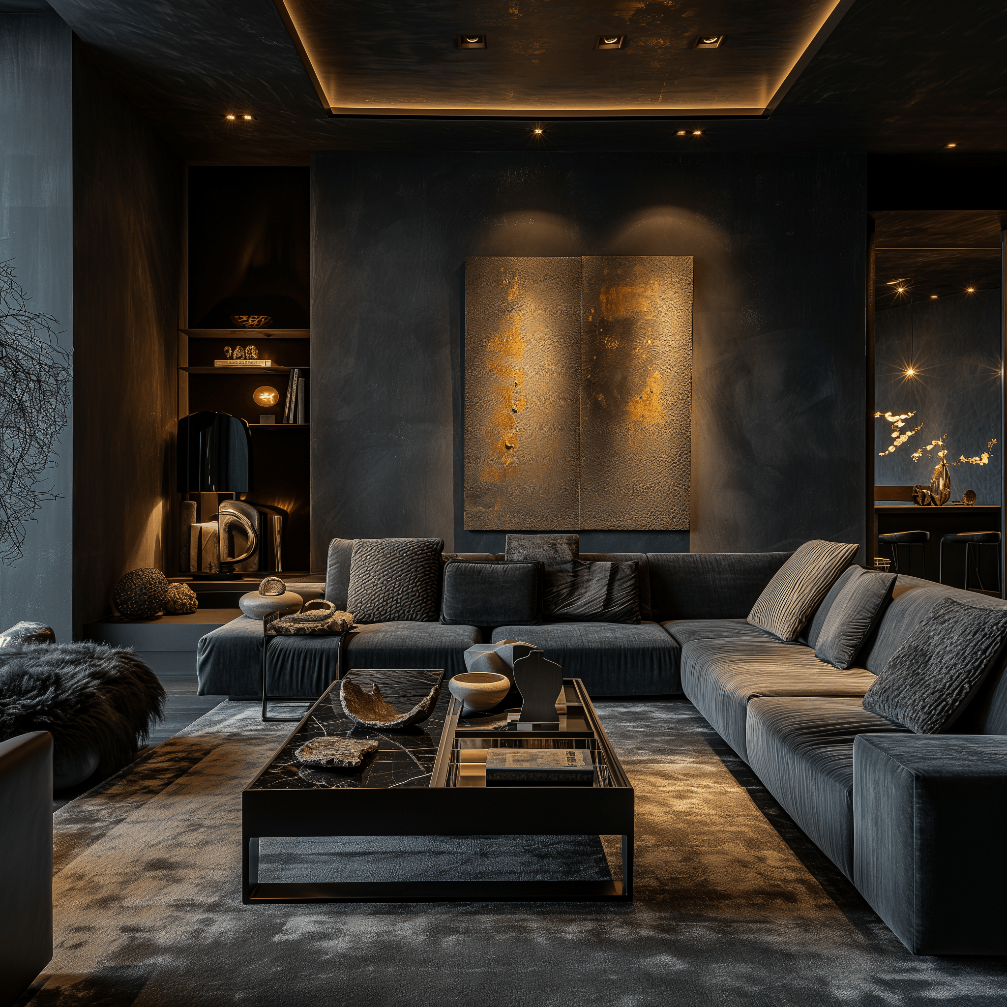 Eye-level real estate photograph of an elegant, dark living room, featuring cozy textiles and luxurious architectural details.