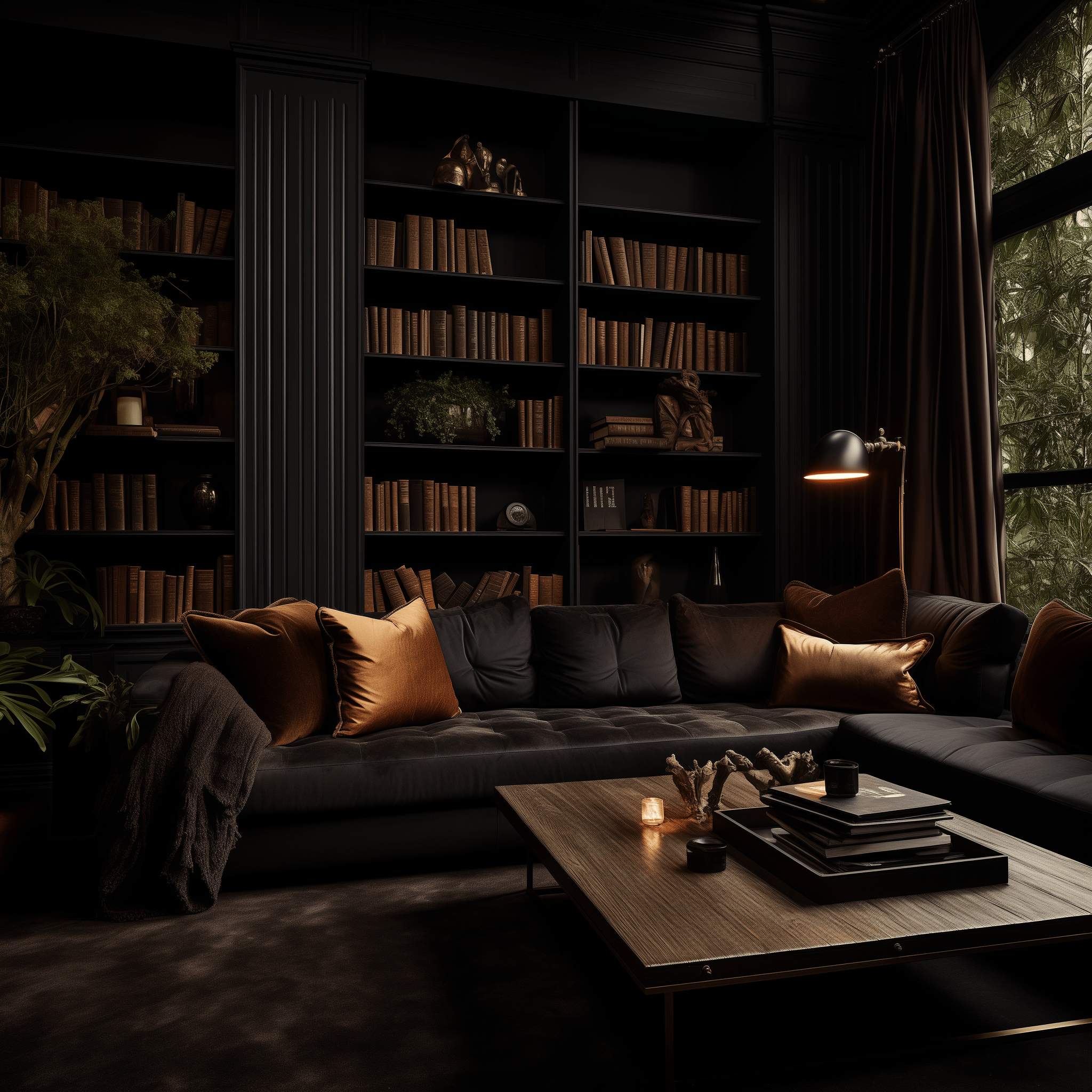 Eye-level view of a homely dark living room, featuring a blend of elegant textiles and designer furniture in natural light.