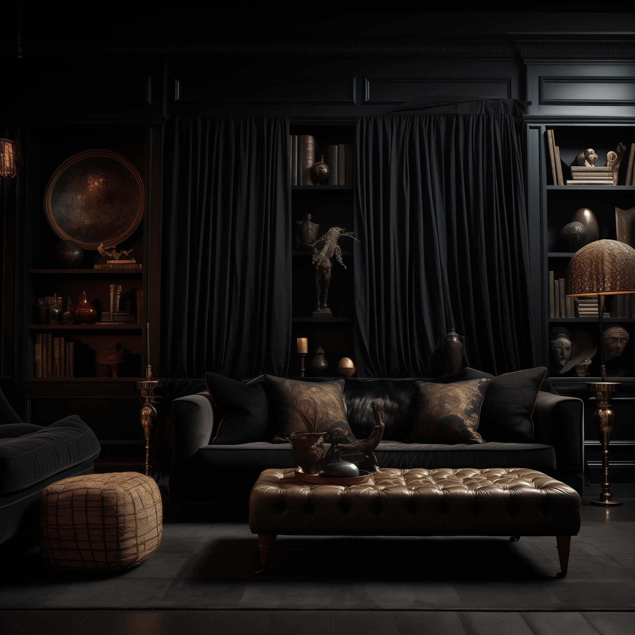 Cozy and dark living room, photographed from an eye-level angle, highlighting luxurious textiles and architectural elegance.