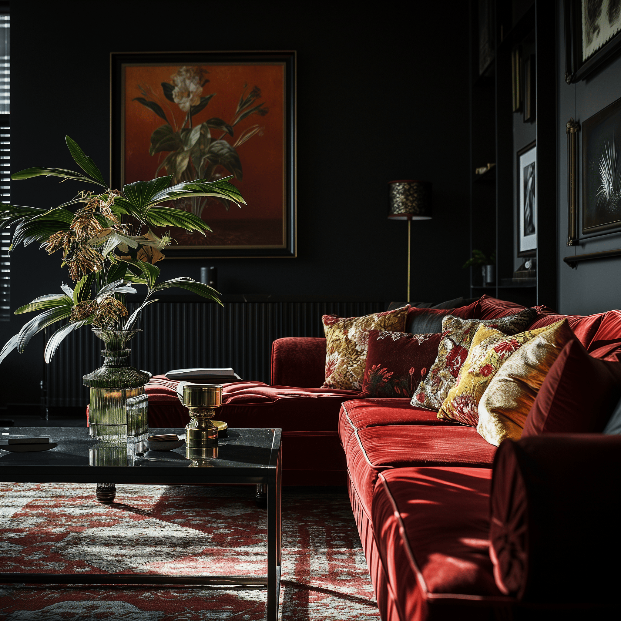 Dark, modern living room with eye-level architectural details, showcasing a blend of luxury and minimalism in a chic, sophisticated space.