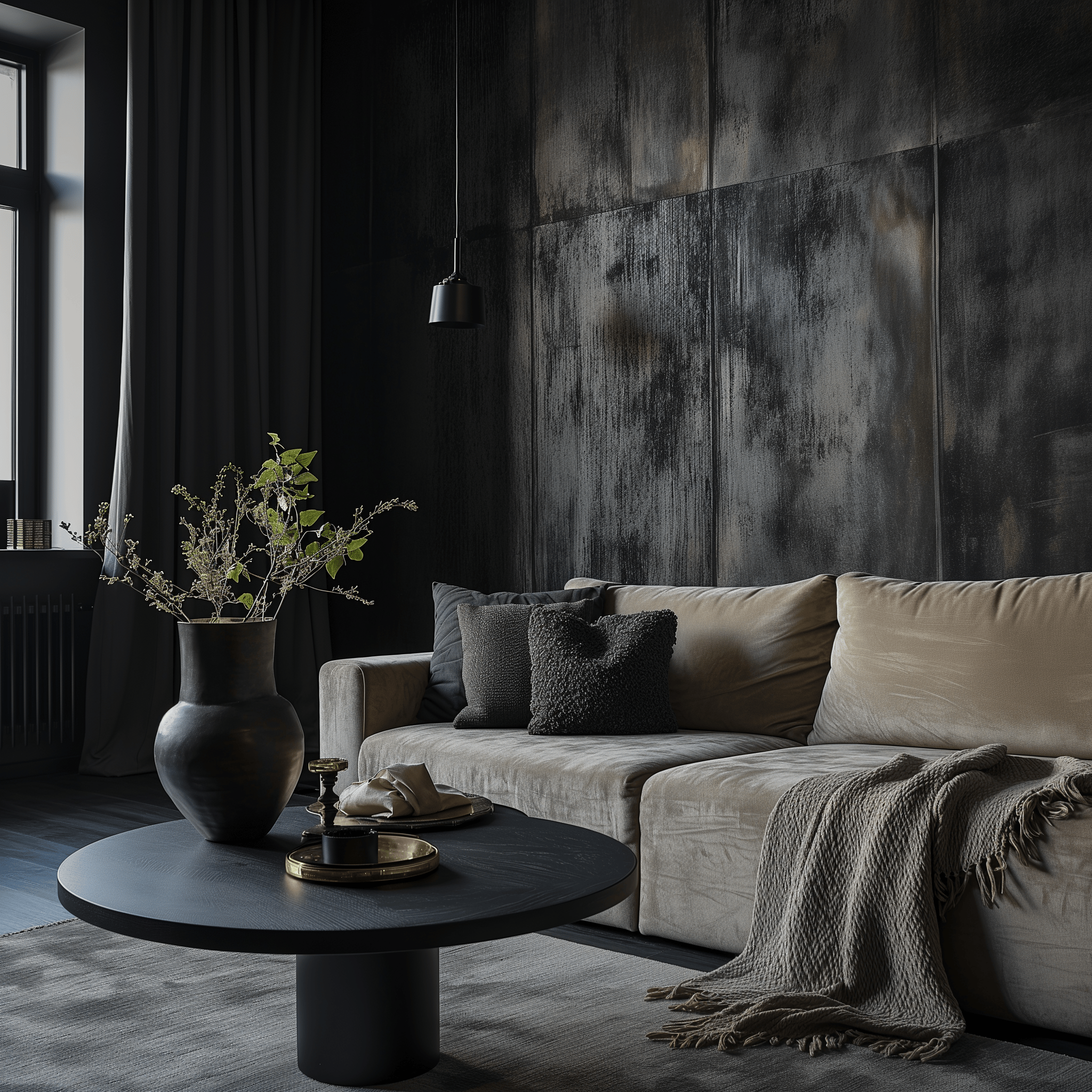 Eye-level view of a dark living room with opulent textures and rich colors, creating a luxurious and inviting atmosphere for relaxation.