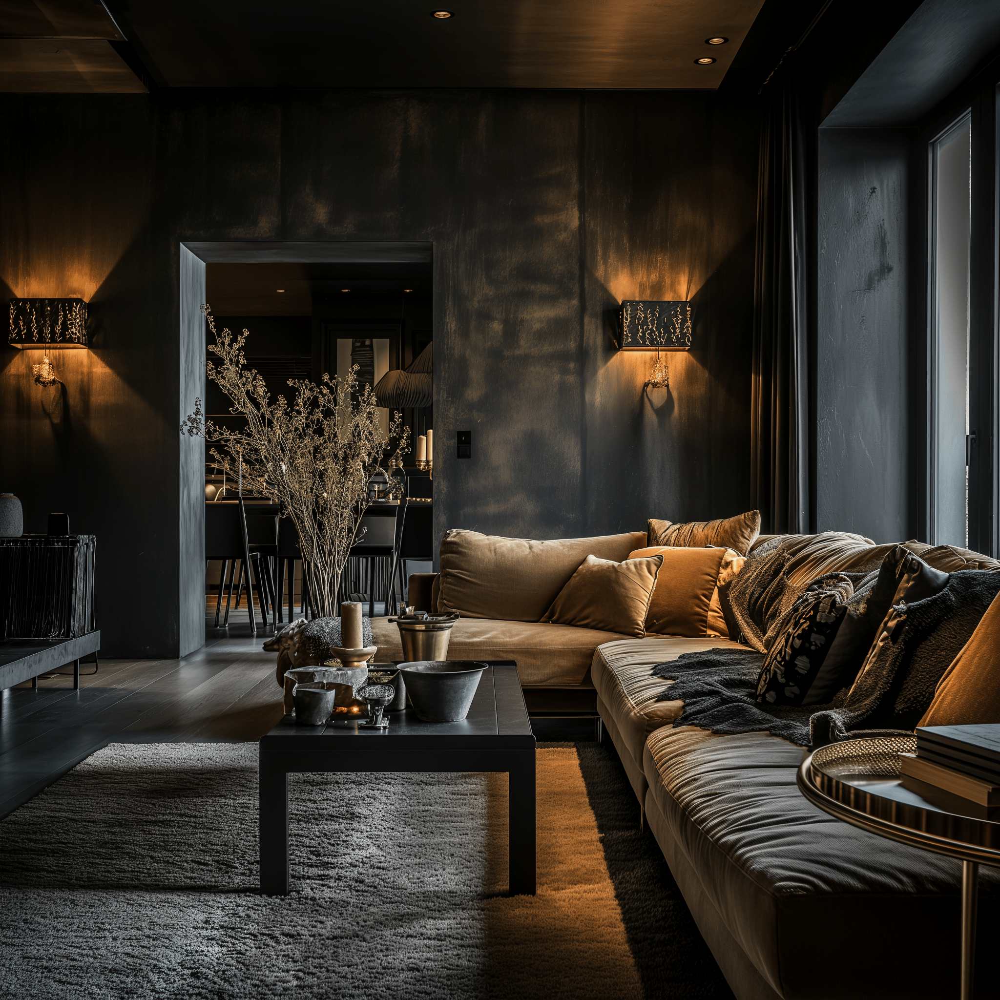 Modern dark living room showcasing sleek furniture and contemporary designs, illuminated by soft daylight, photographed at eye-level.