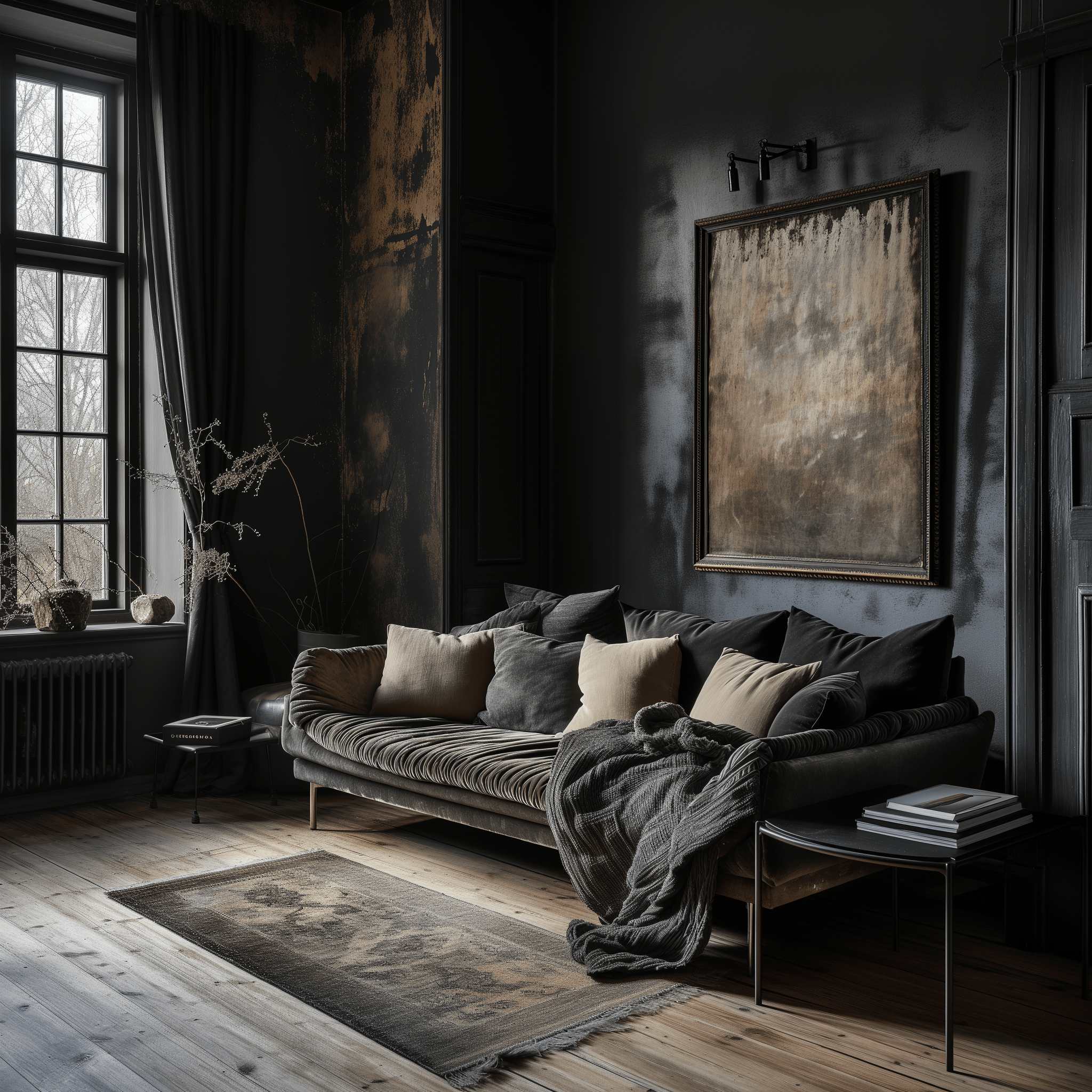 Homely dark living room with eye-level views of luxurious textiles, architectural details, and elegant black furnishings.